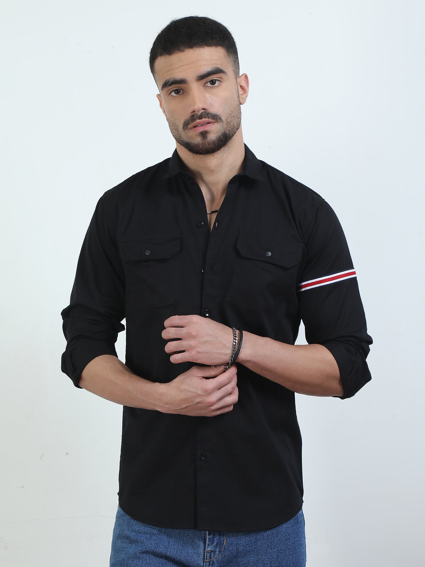 Sleeve Strap Black Double Pocket Shirt​ For Men