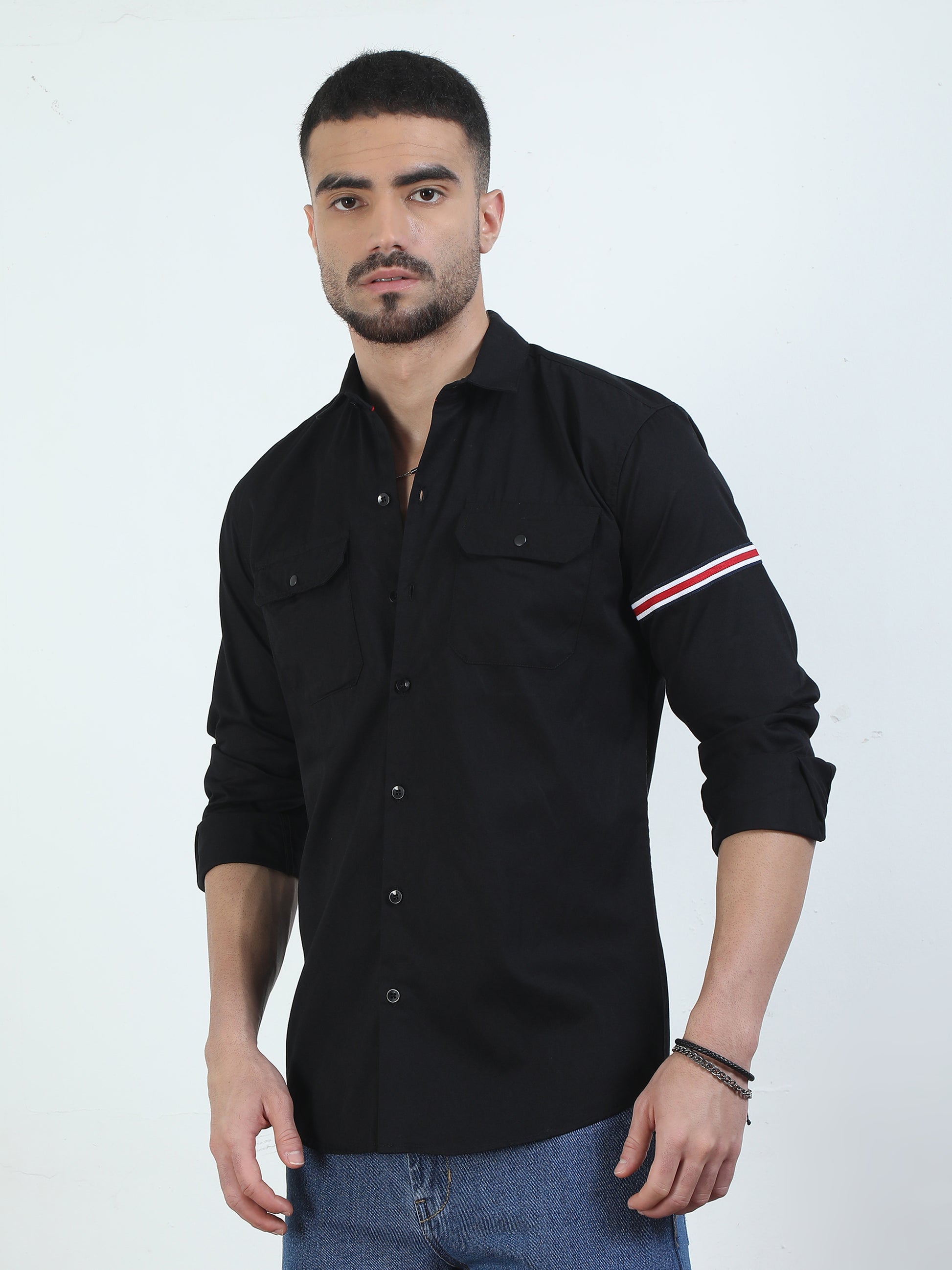 Sleeve Strap Black Double Pocket Shirt​ For Men