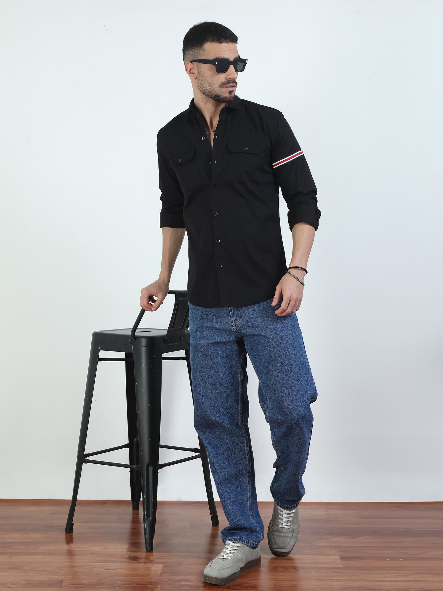 Sleeve Strap Black Double Pocket Shirt​ For Men