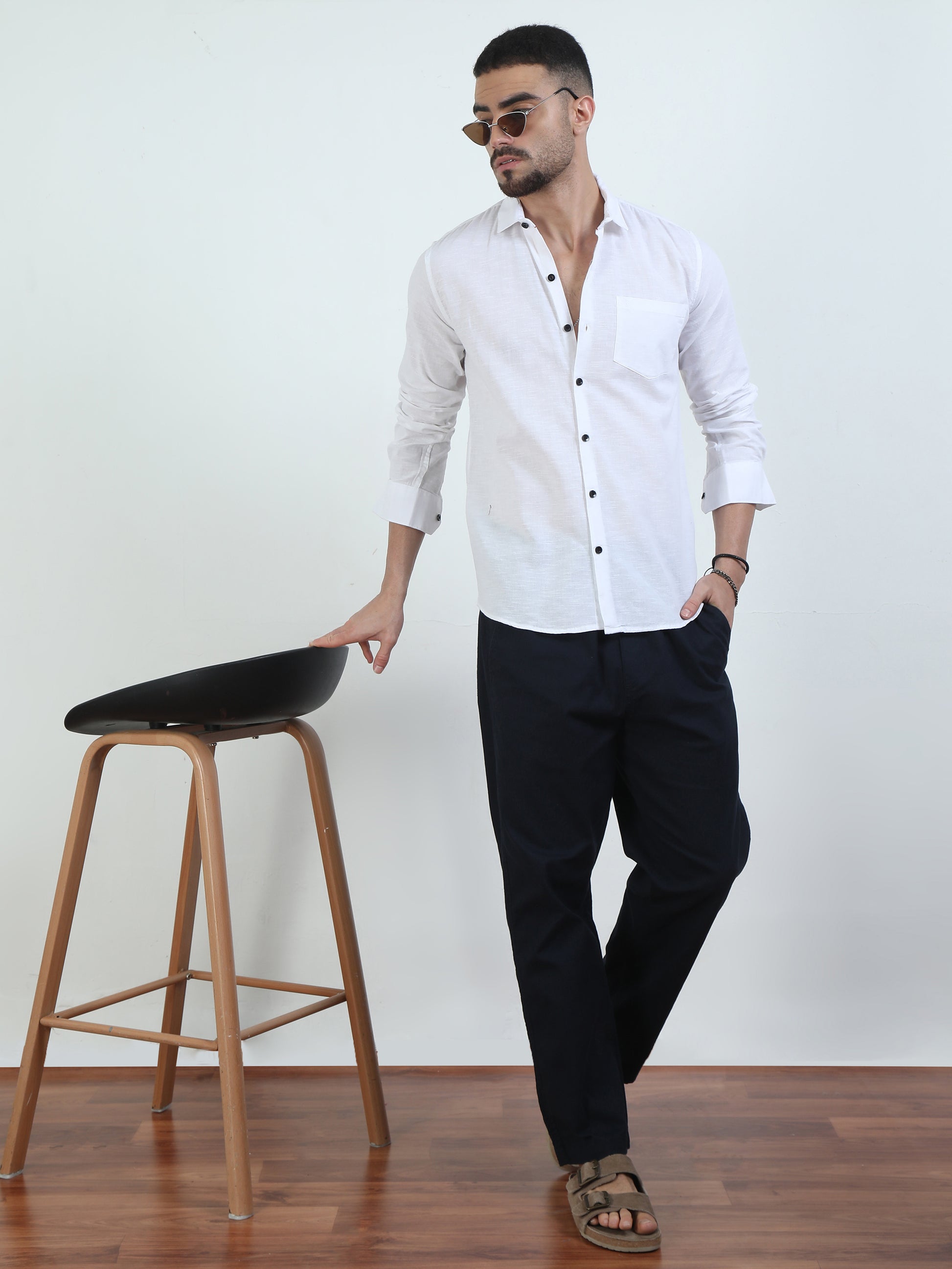 Pure Tone Slub White Shirt For Men​