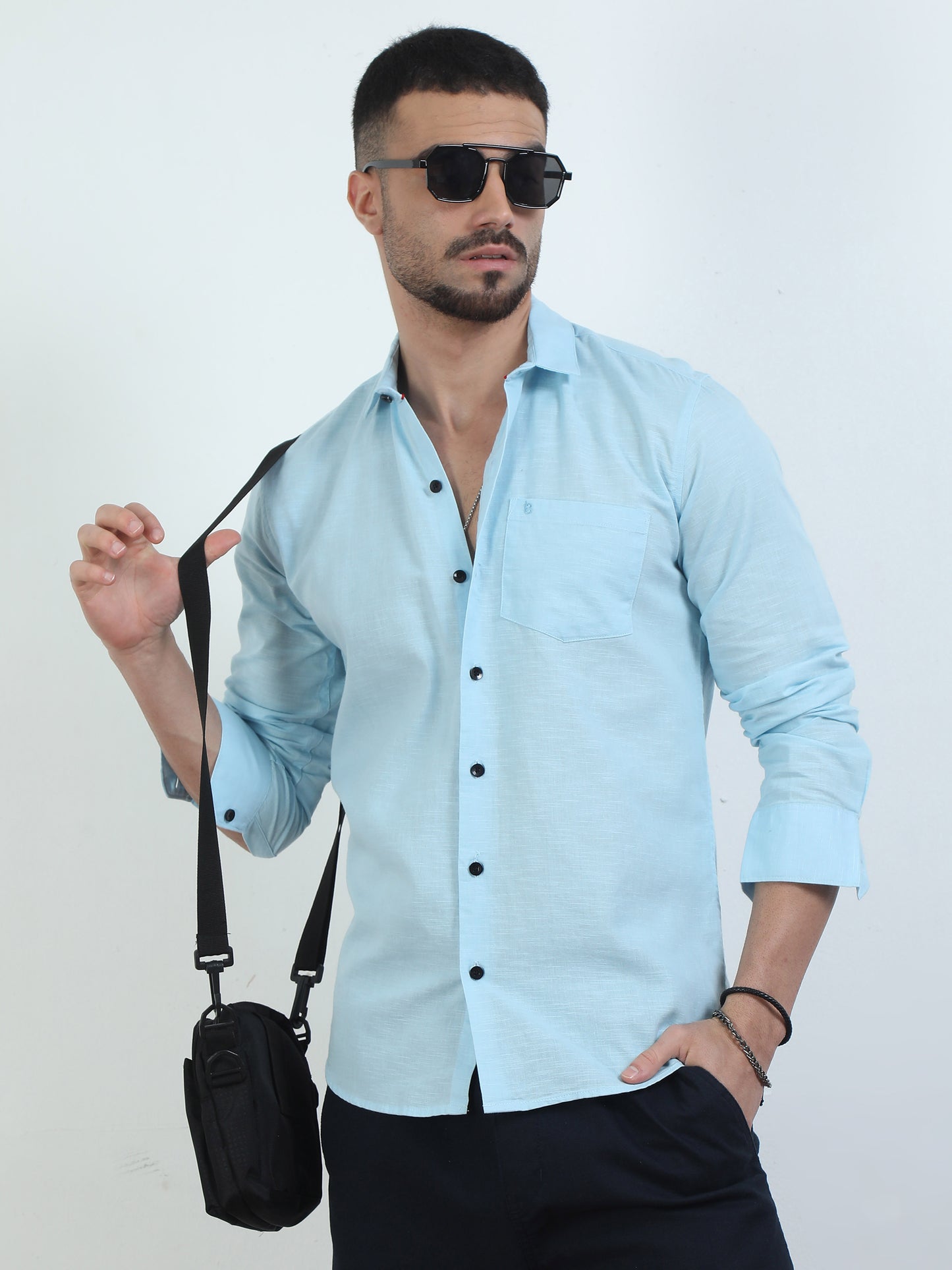 Pure Tone Slub Sky Blue Shirt​ For Men