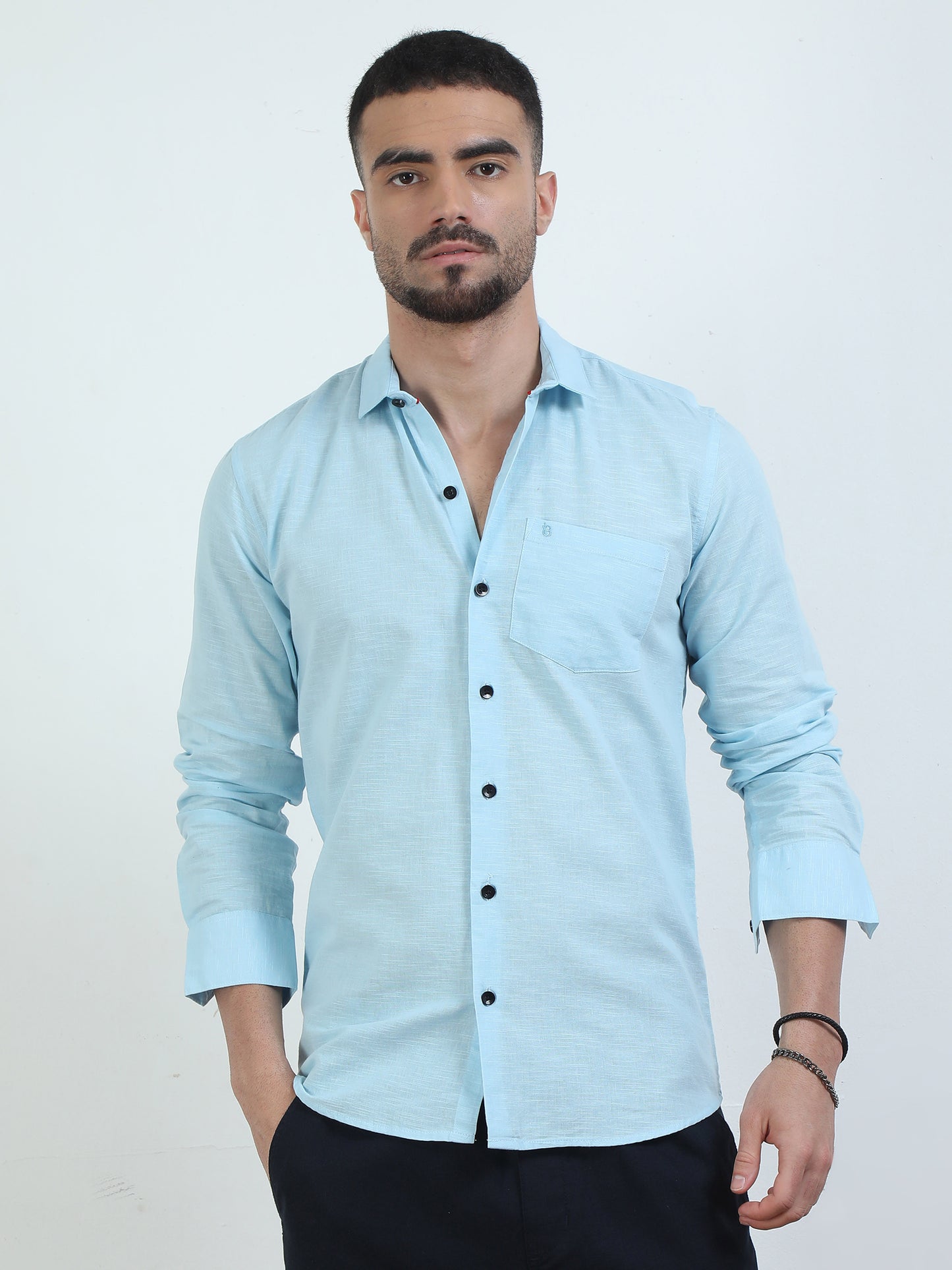 Pure Tone Slub Sky Blue Shirt​ For Men