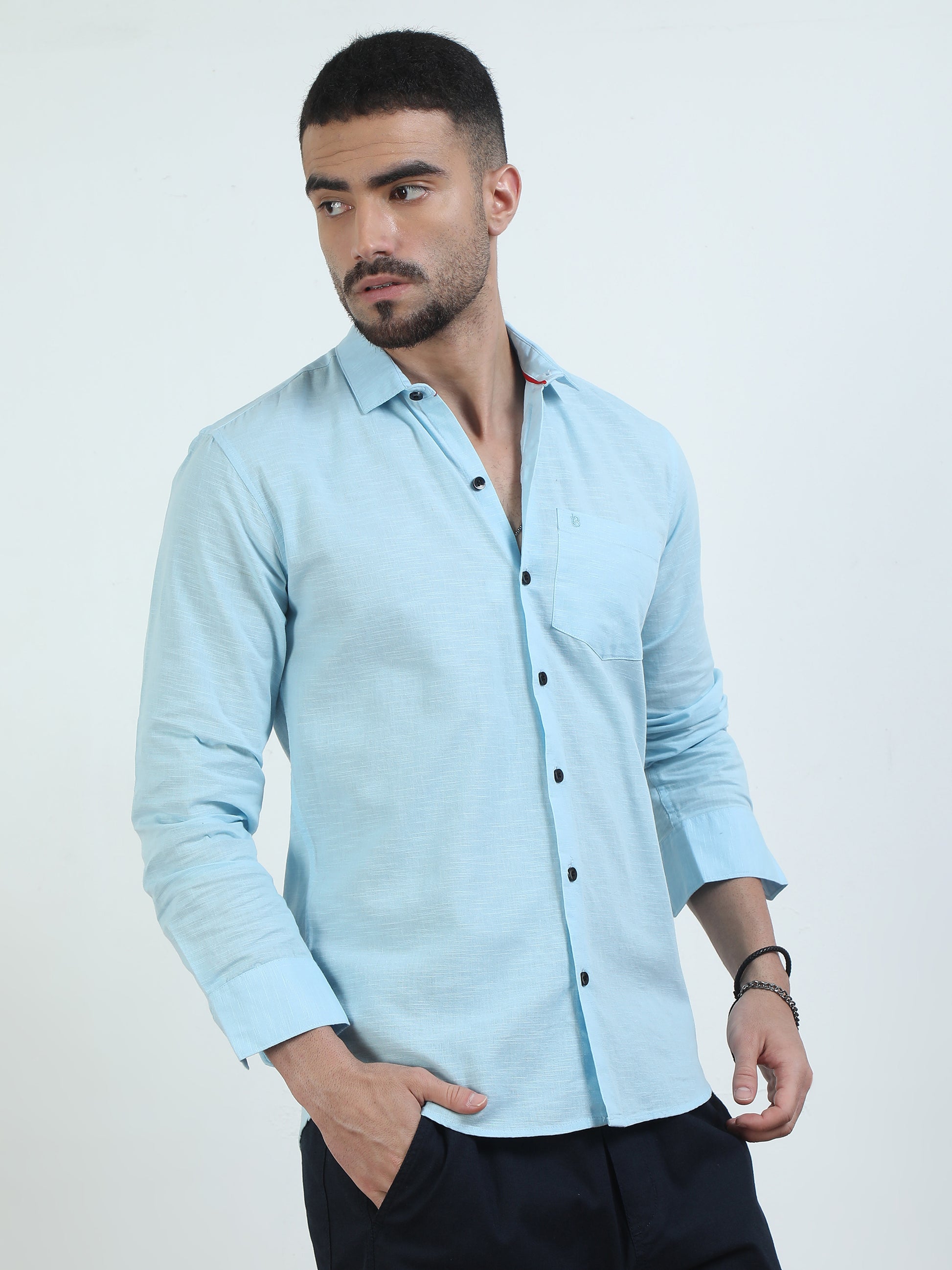 Pure Tone Slub Sky Blue Shirt​ For Men