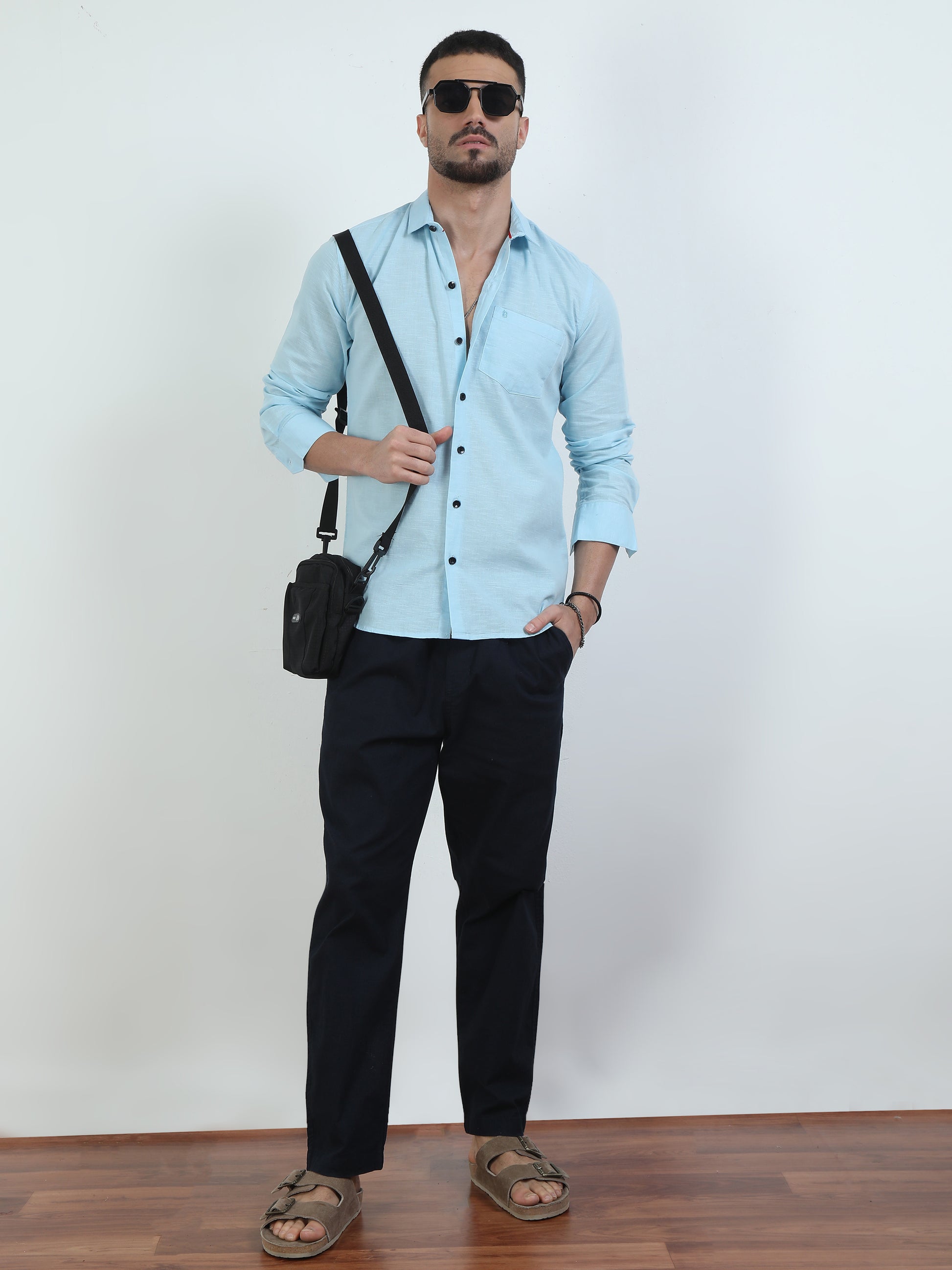 Pure Tone Slub Sky Blue Shirt​ For Men