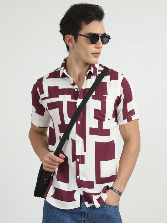 White & Maroon Printed Shirt For Men