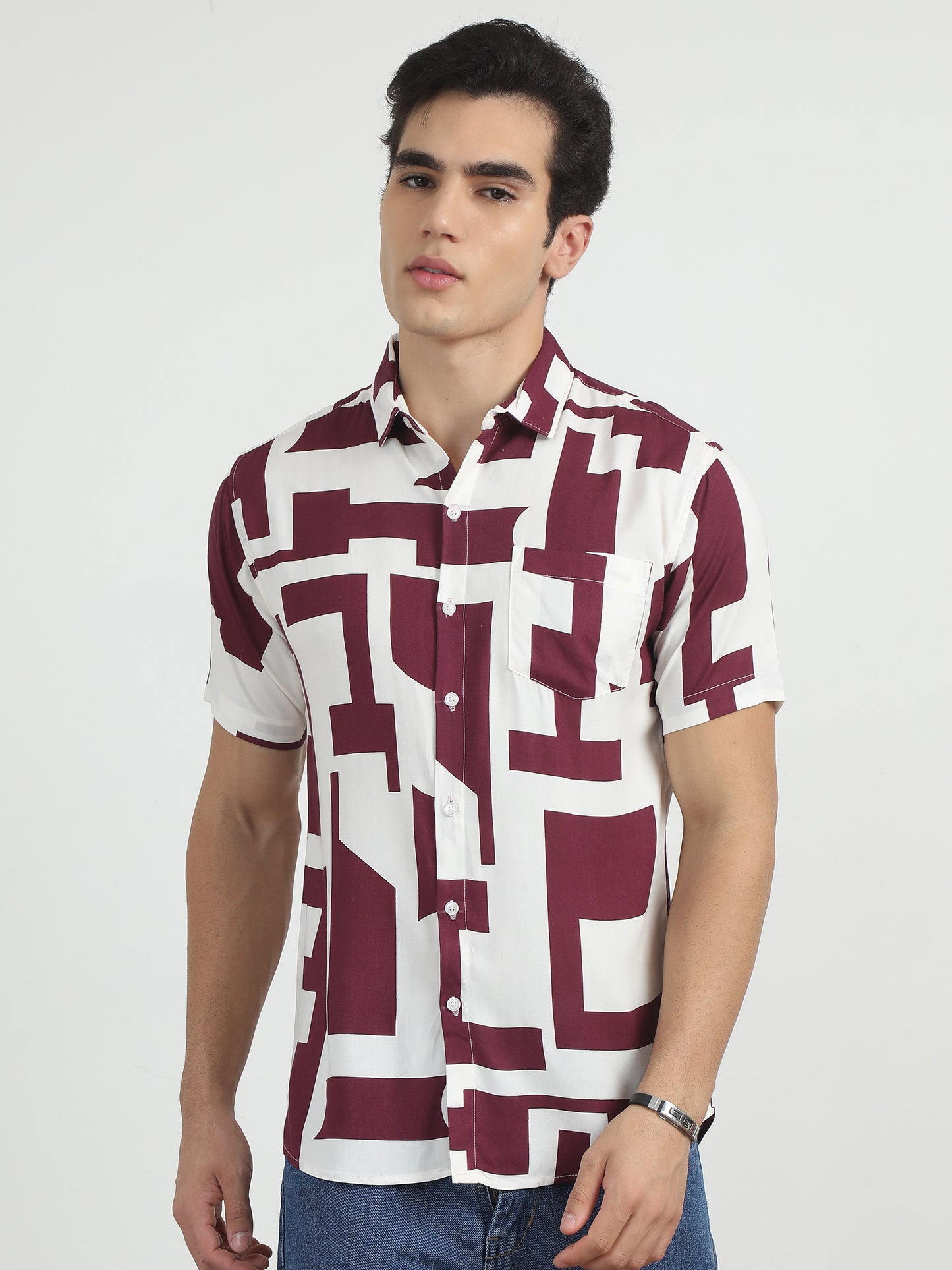 White & Maroon Printed Shirt For Men