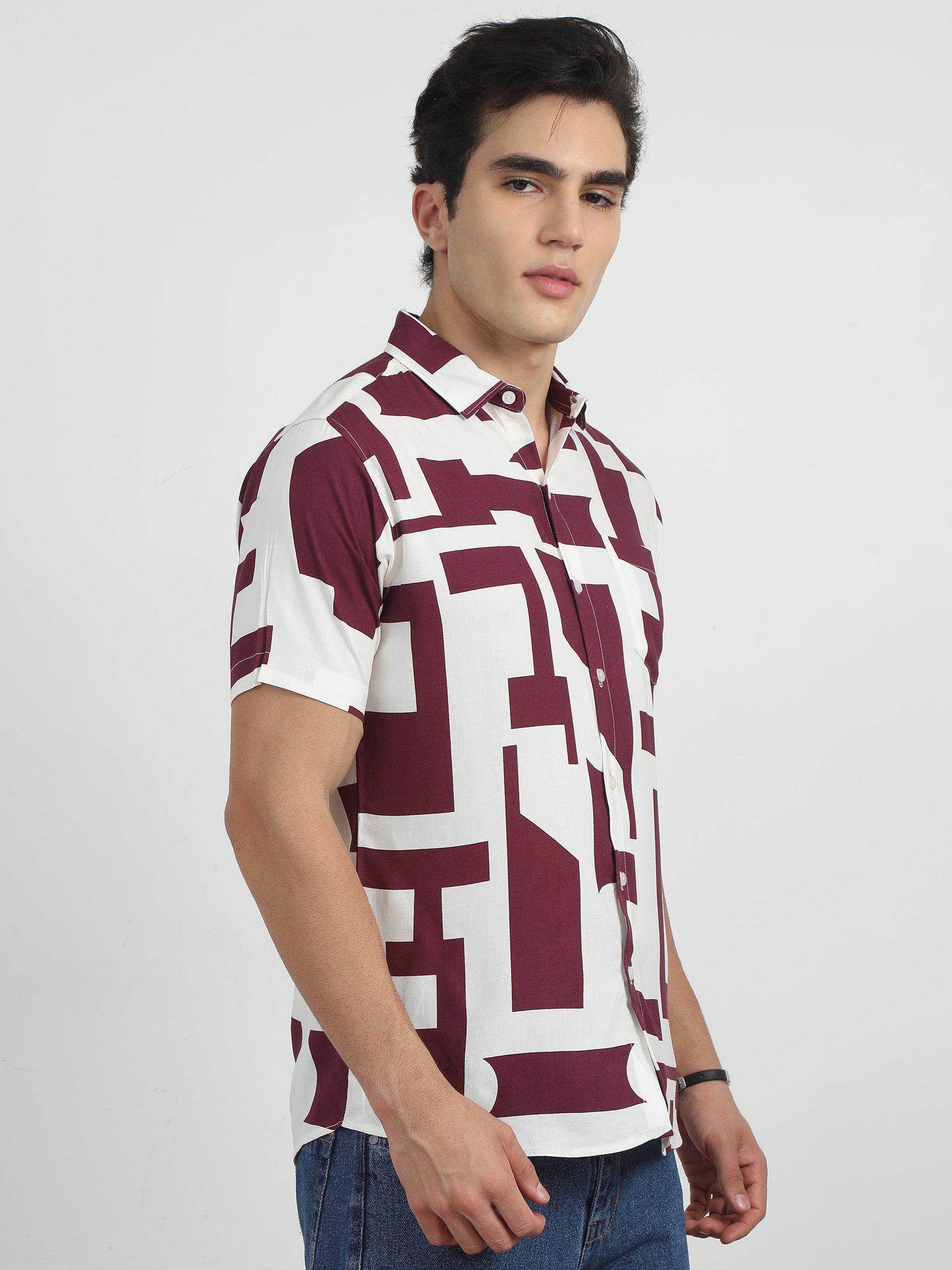 White & Maroon Printed Shirt For Men