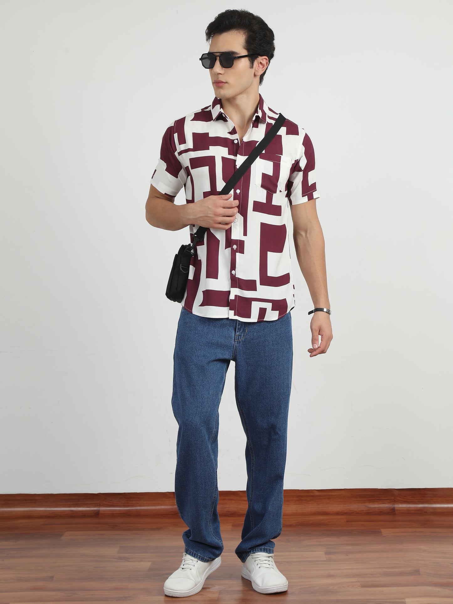 White & Maroon Printed Shirt For Men