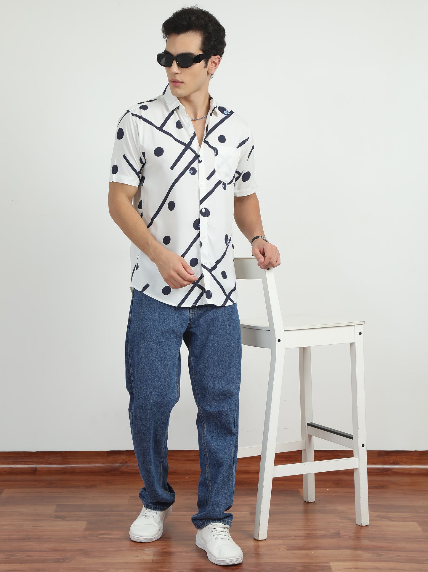 Ball Printed Navy Blue And White Shirt For Men 