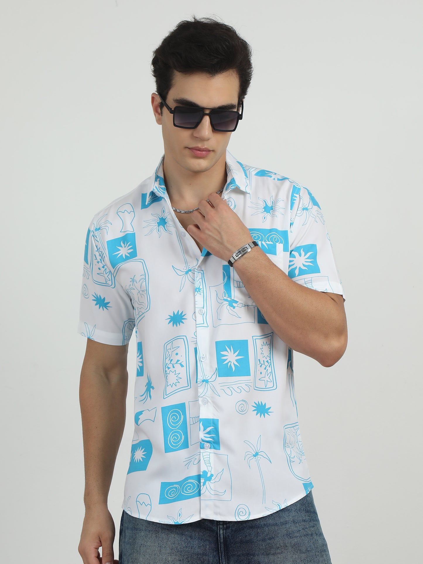 Palm Tree Printed Sky Blue Printed Shirt For Men