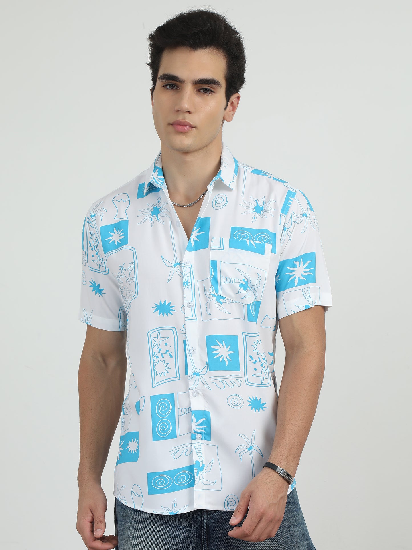 Palm Tree Printed Sky Blue Printed Shirt For Men