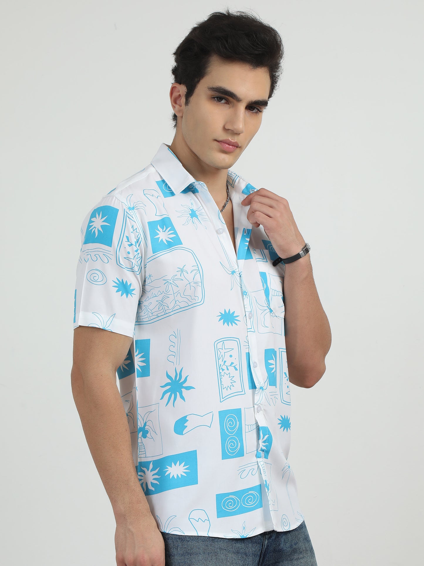 Palm Tree Printed Sky Blue Printed Shirt For Men