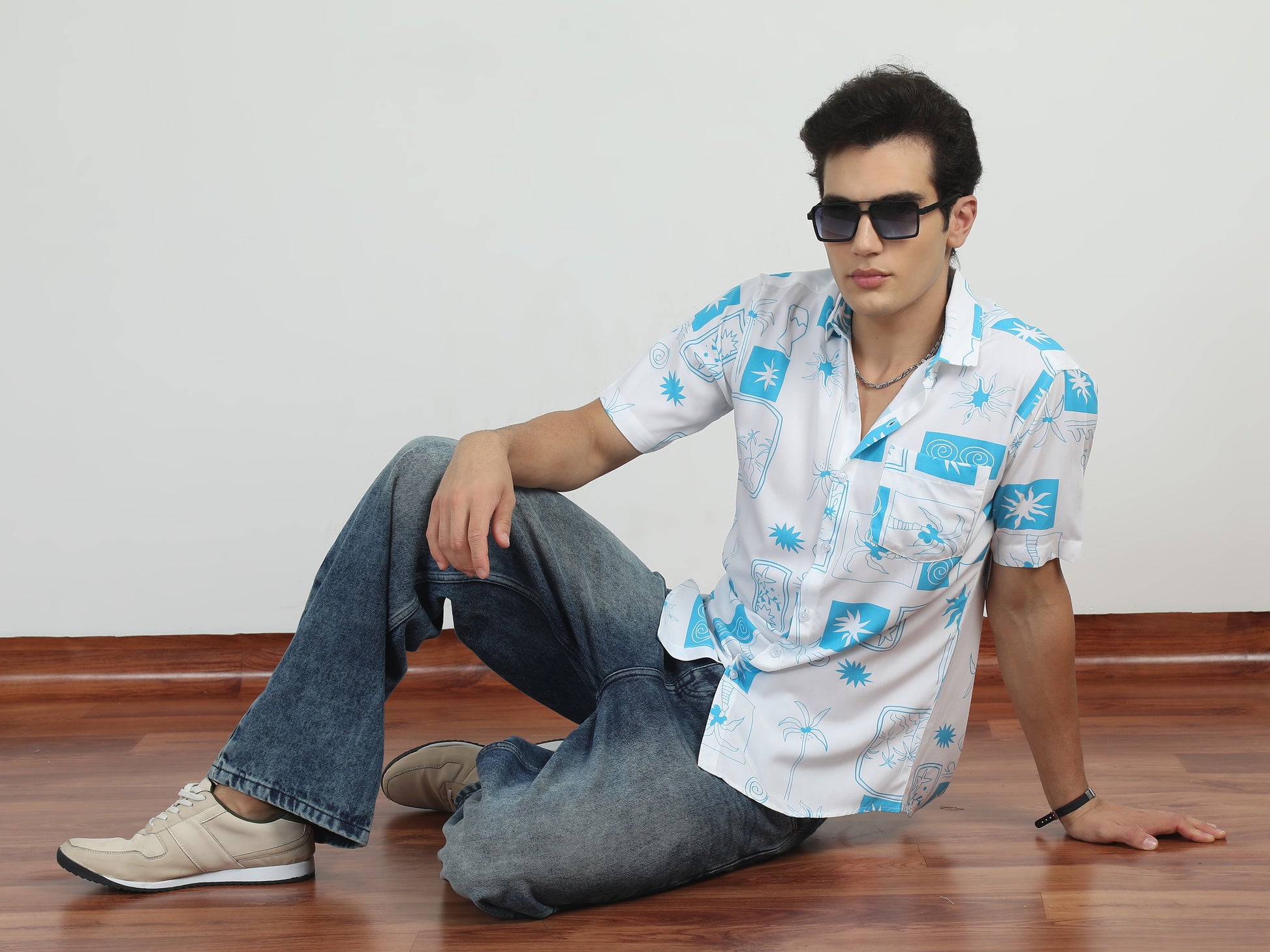 Palm Tree Printed Sky Blue Printed Shirt For Men