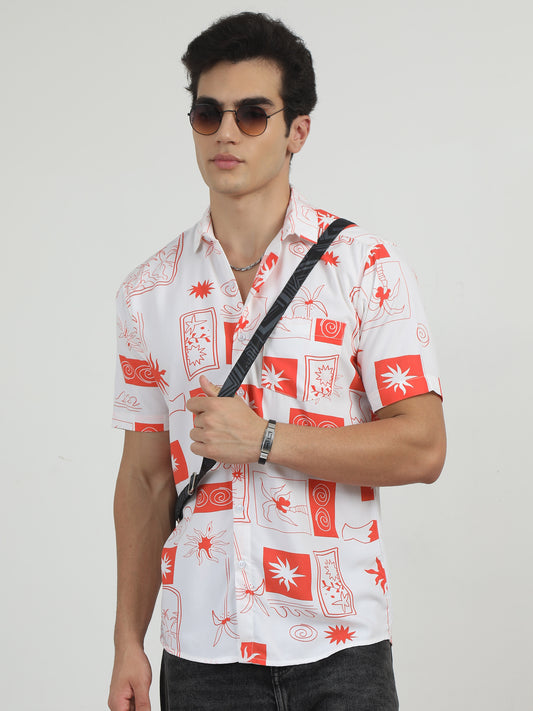 Palm Tree Printed White And Orange Shirt Men