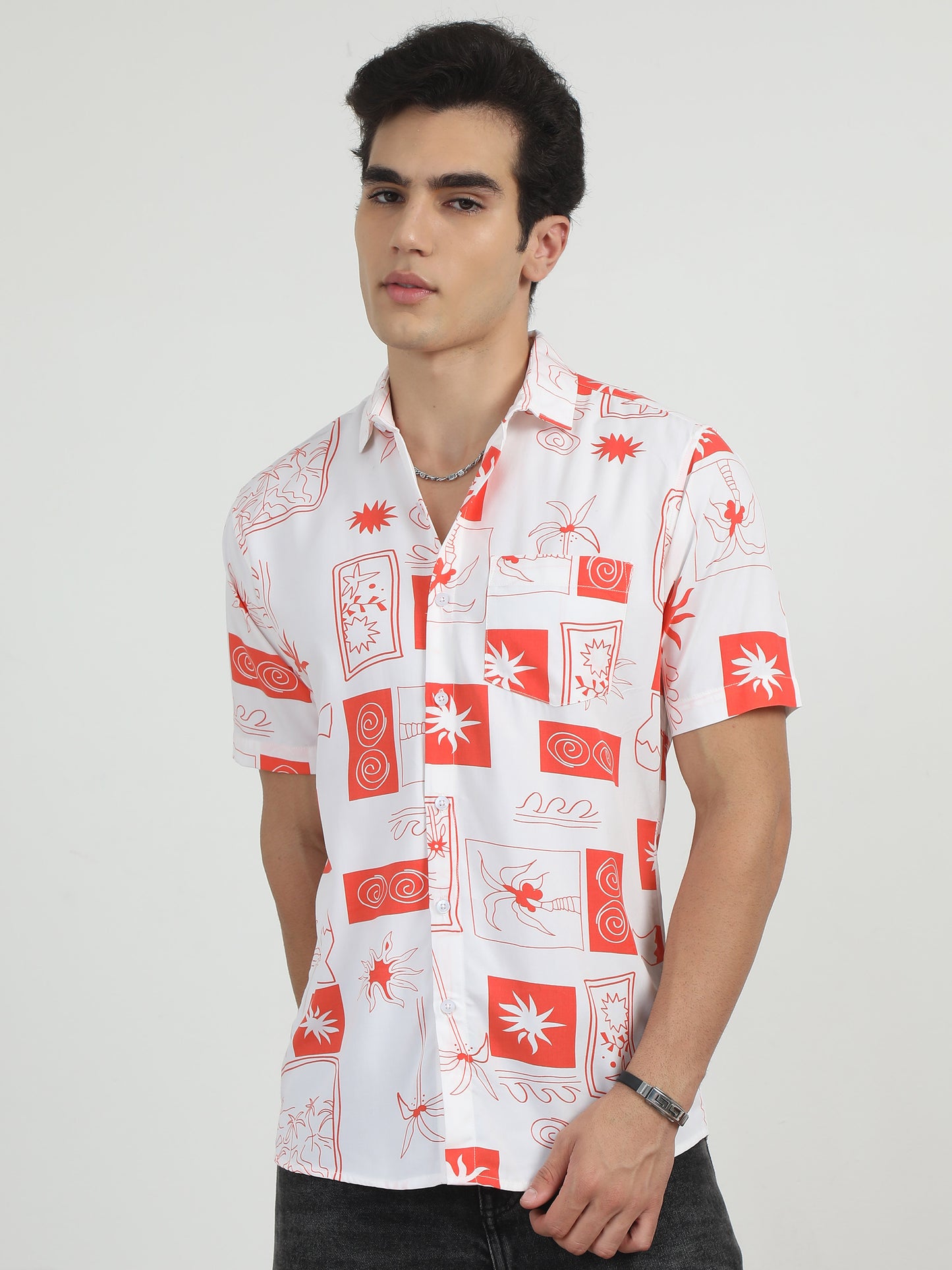 Palm Tree Printed White And Orange Shirt Men