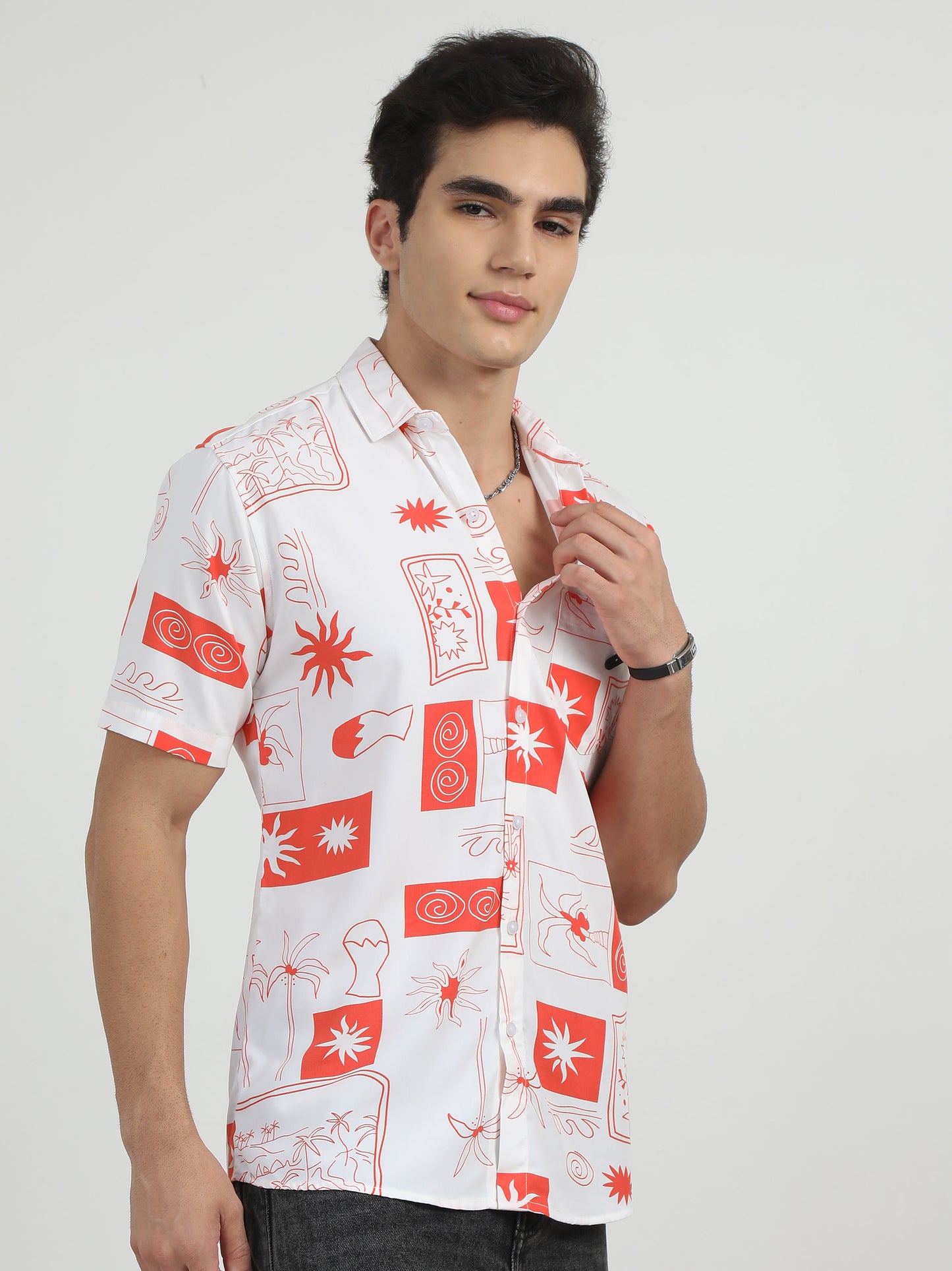 Palm Tree Printed White And Orange Shirt Men