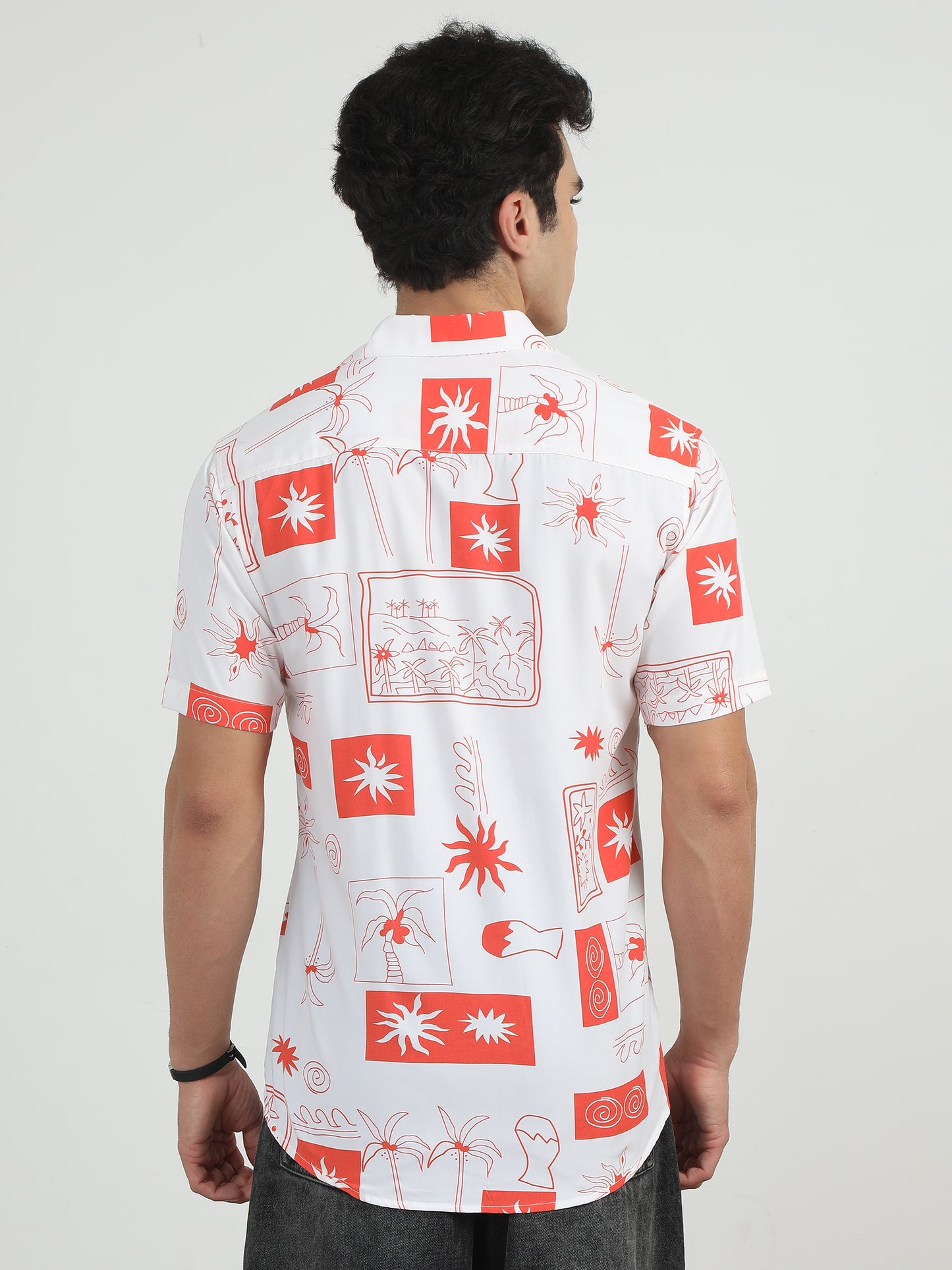 Palm Tree Printed White And Orange Shirt Men