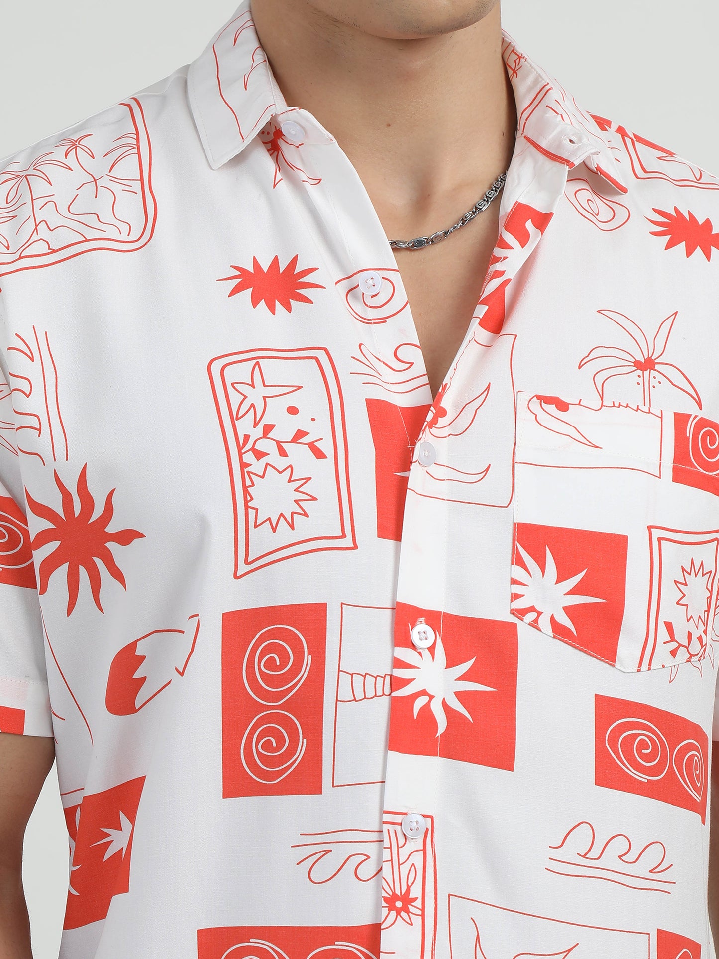 Palm Tree Printed White And Orange Shirt Men