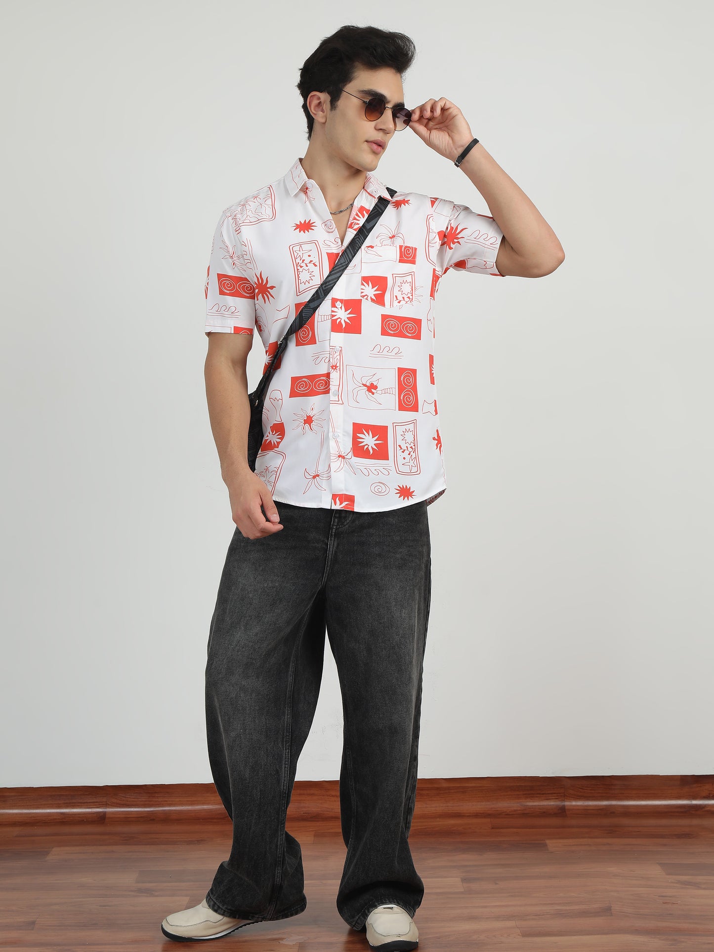 Palm Tree Printed White And Orange Shirt Men