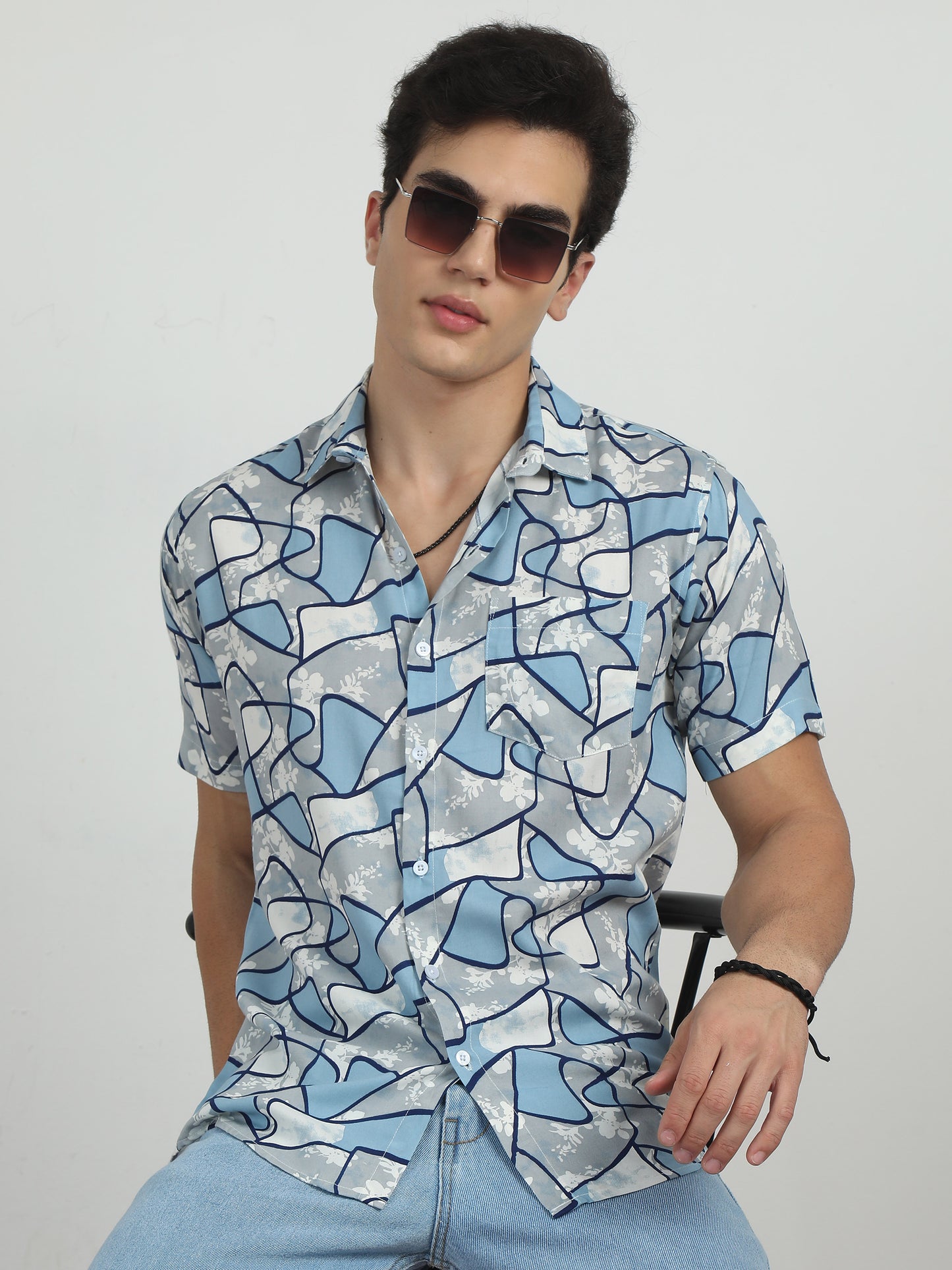  Geometric Grey Colour Printed Shirt Men 