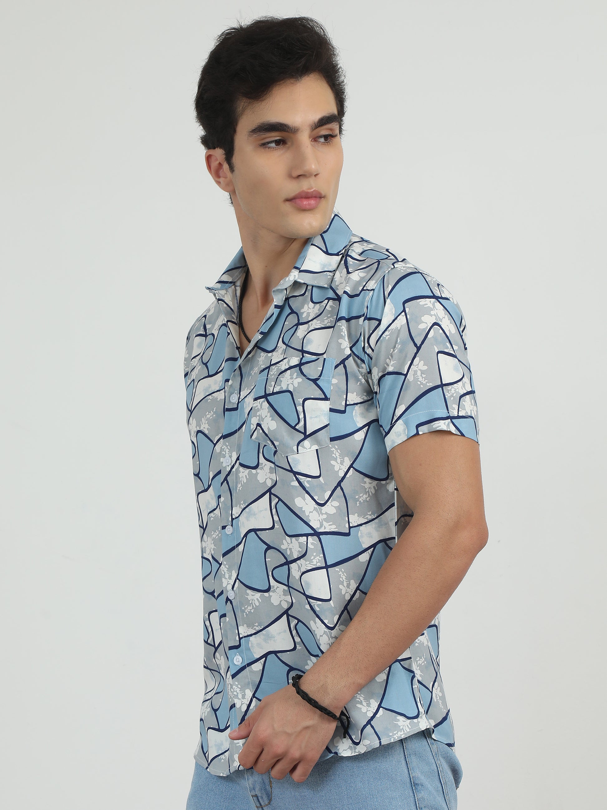  Geometric Grey Colour Printed Shirt Men 