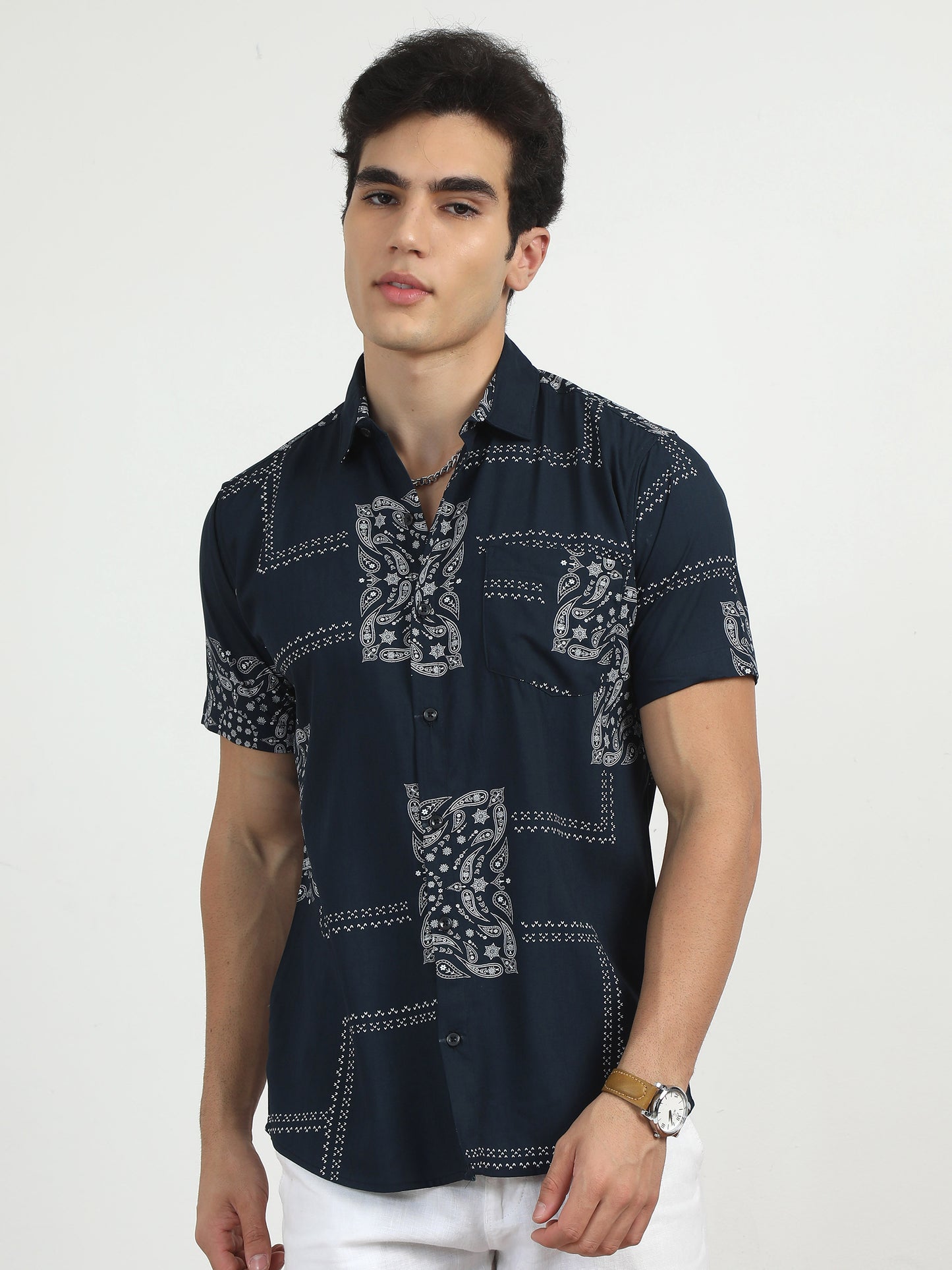 Dark Blue Printed Shirt For Men