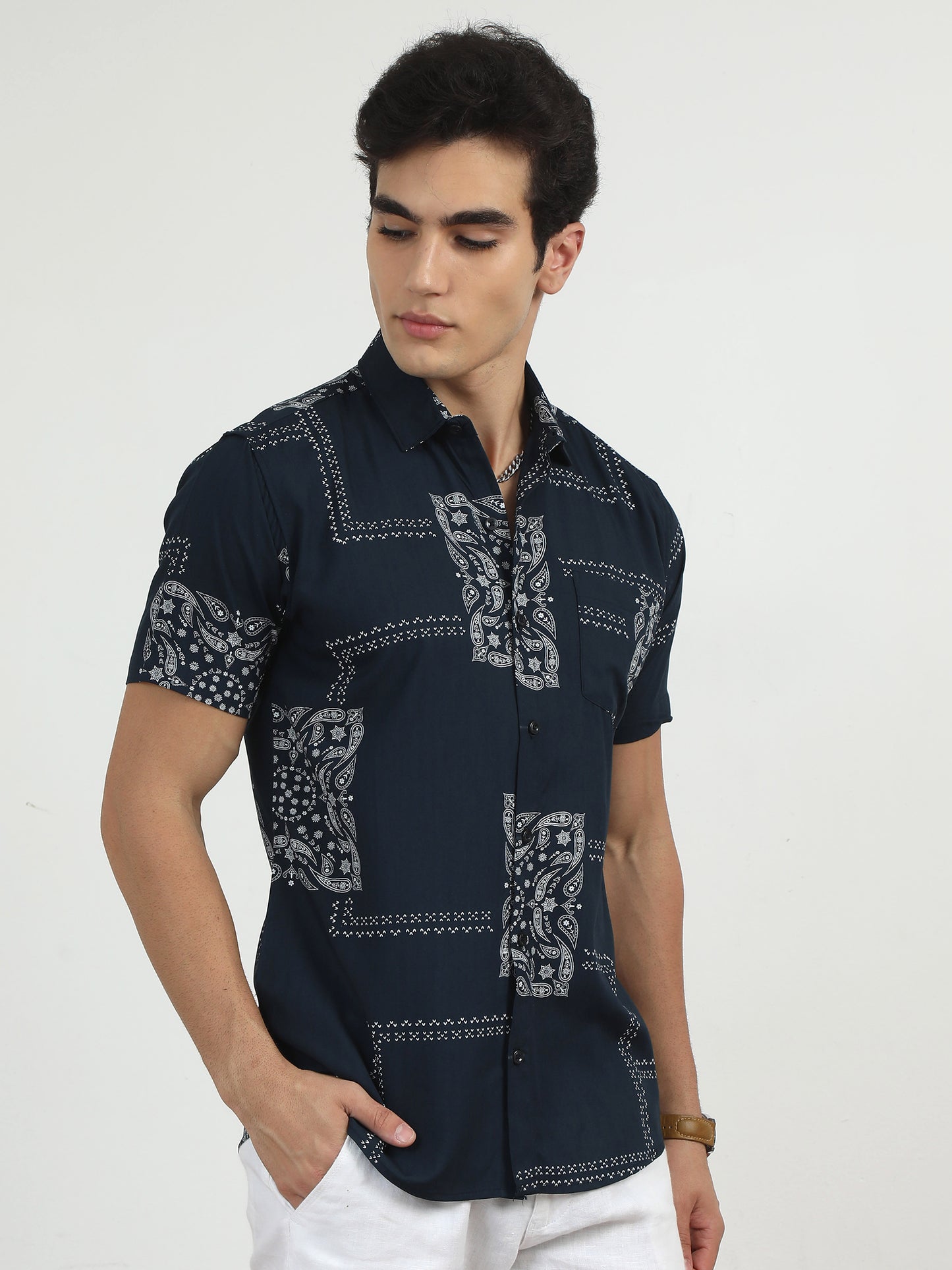 Dark Blue Printed Shirt For Men