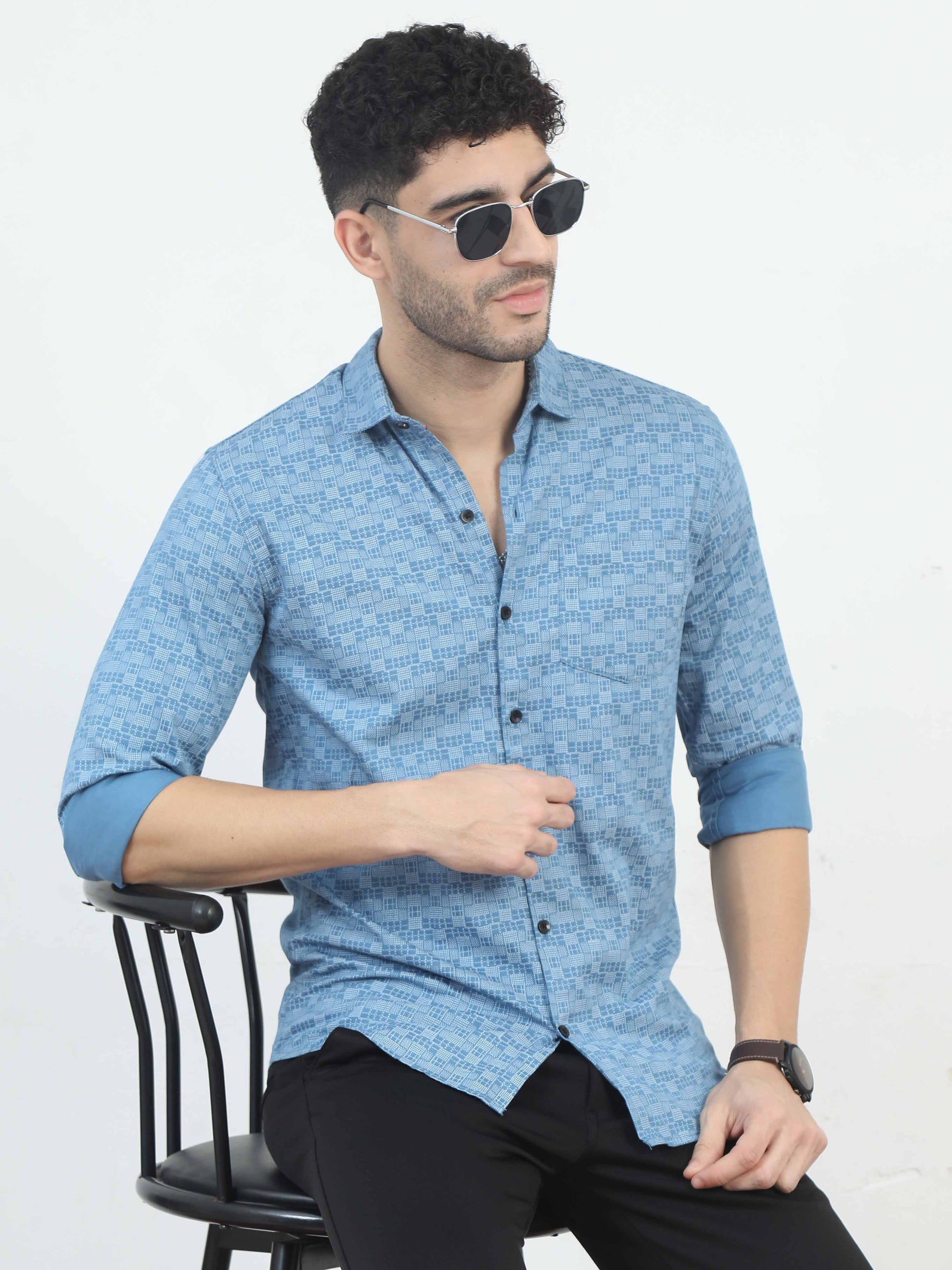 Bright Blue Doodle Printed regular collar shirt men