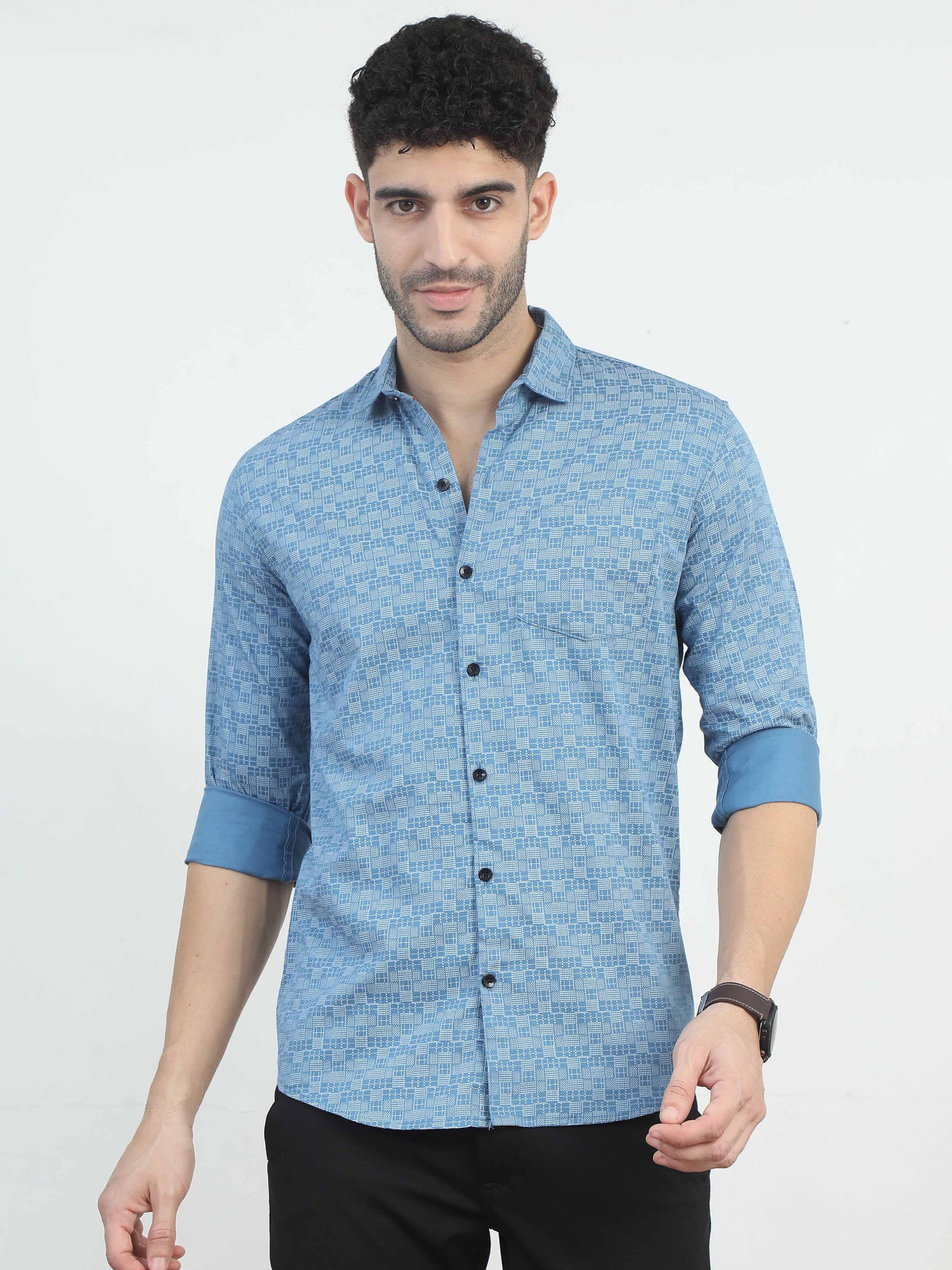 Bright Blue Doodle Printed regular collar shirt men