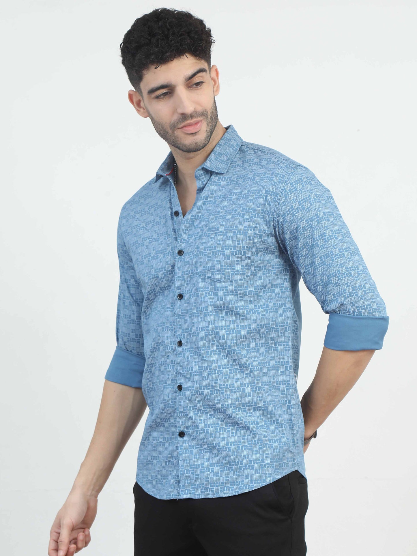 Bright Blue Doodle Printed regular collar shirt men