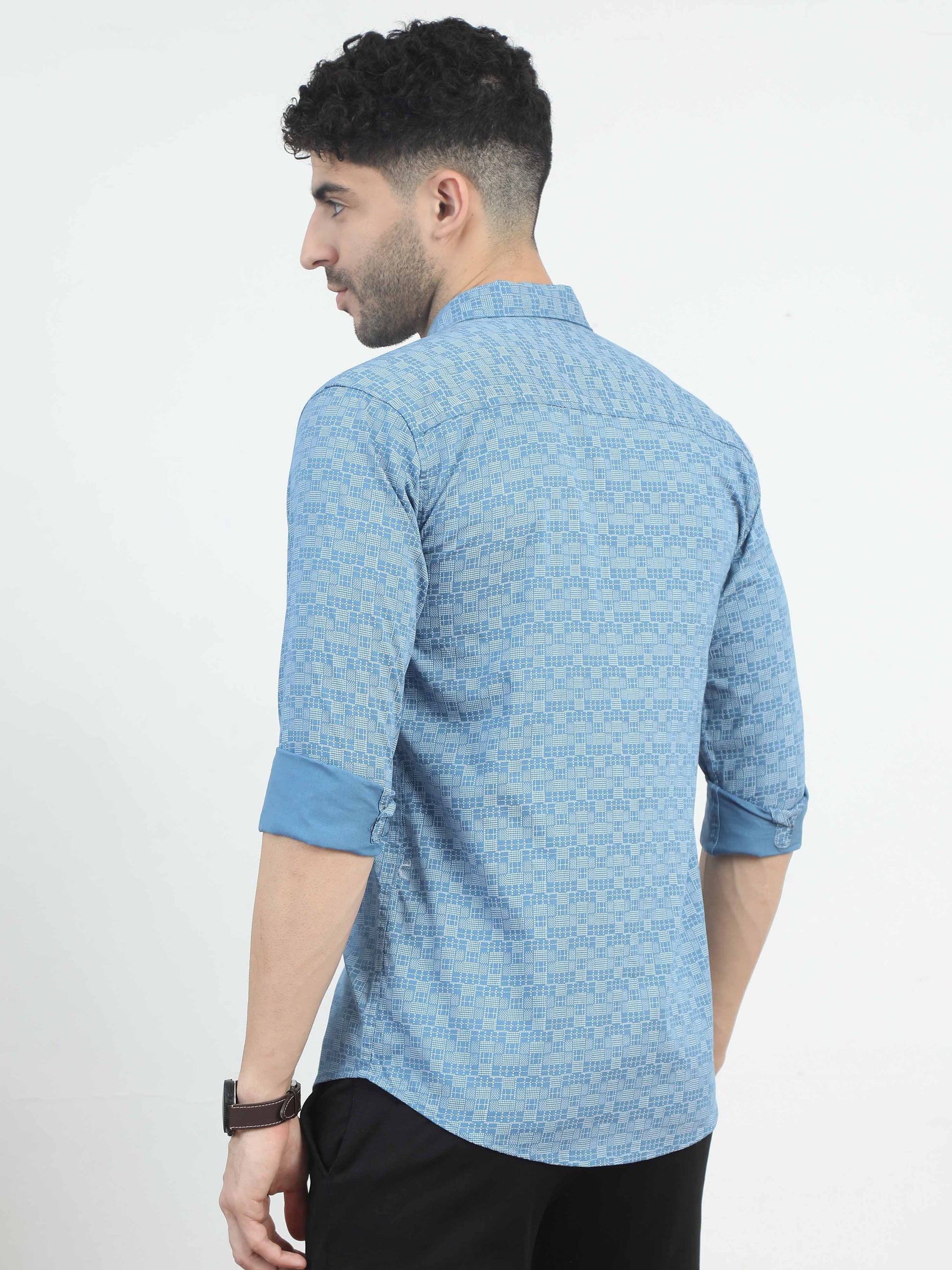 Bright Blue Doodle Printed regular collar shirt men