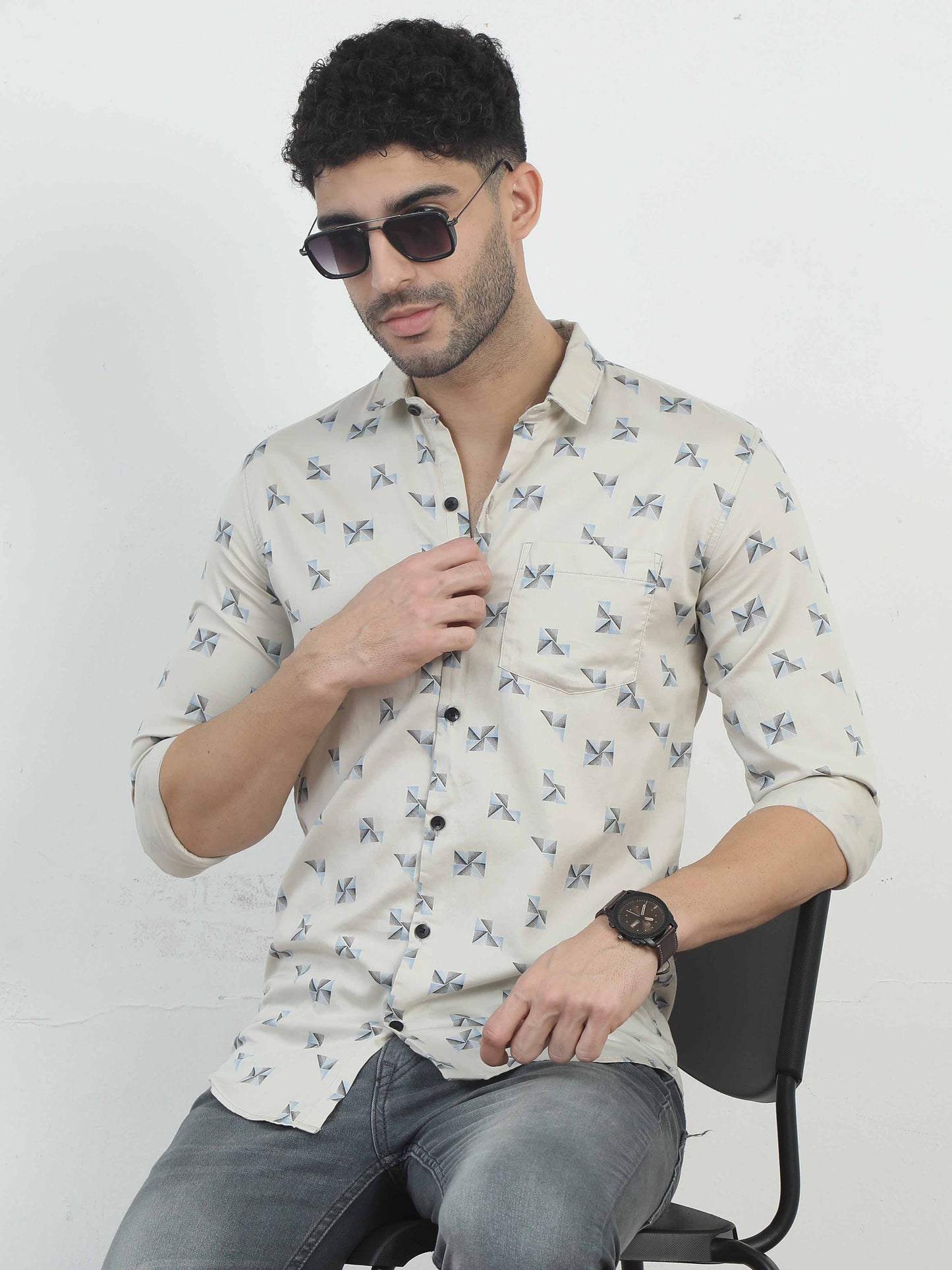 Beige Geometric mens floral shirts long sleeve