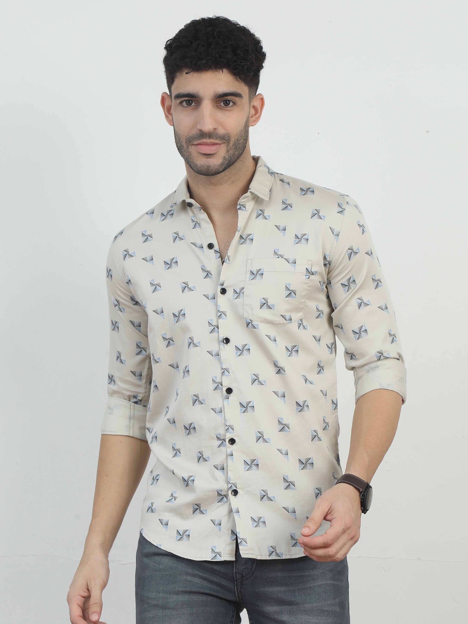 Beige Geometric mens floral shirts long sleeve