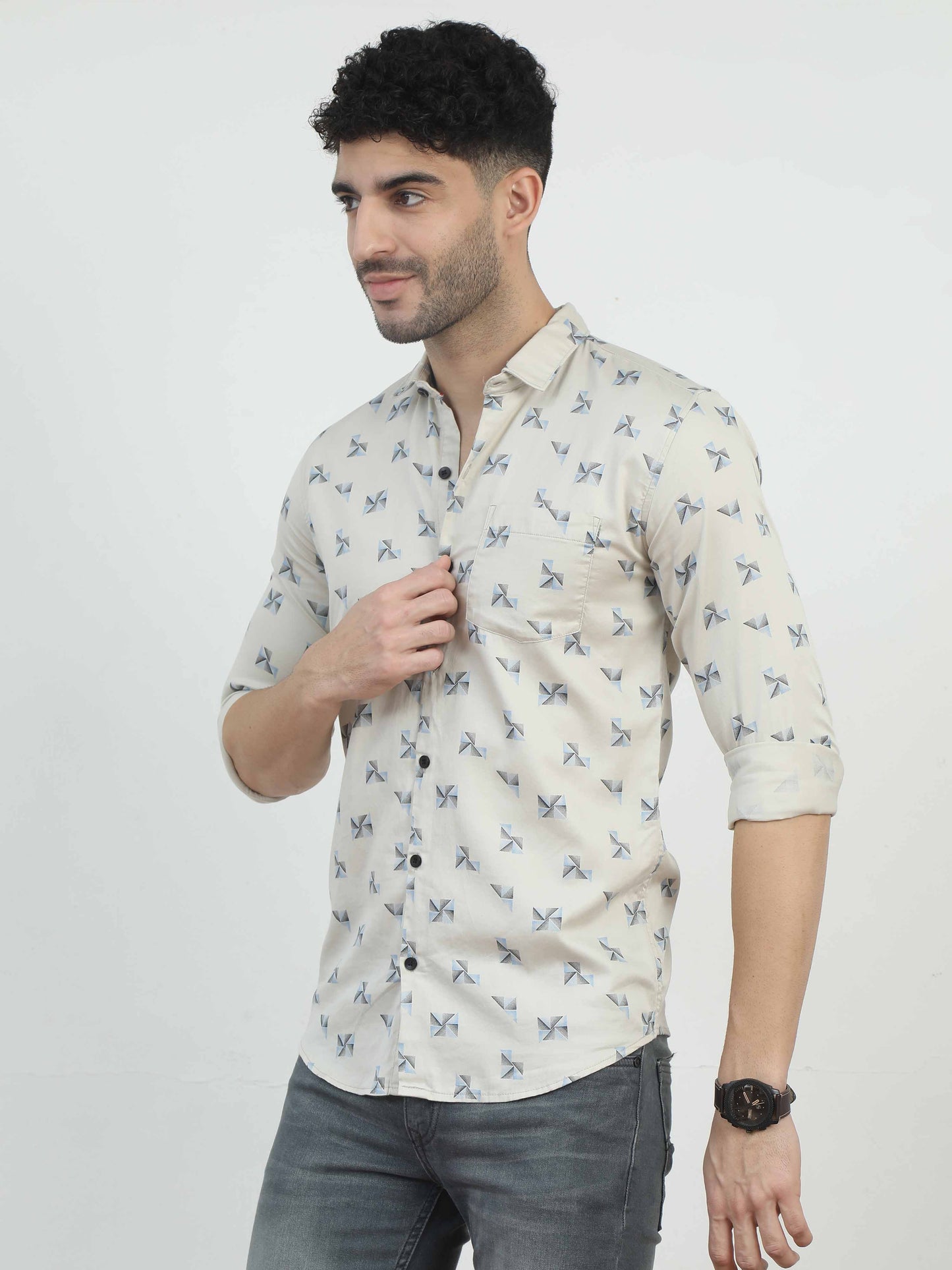 Beige Geometric mens floral shirts long sleeve