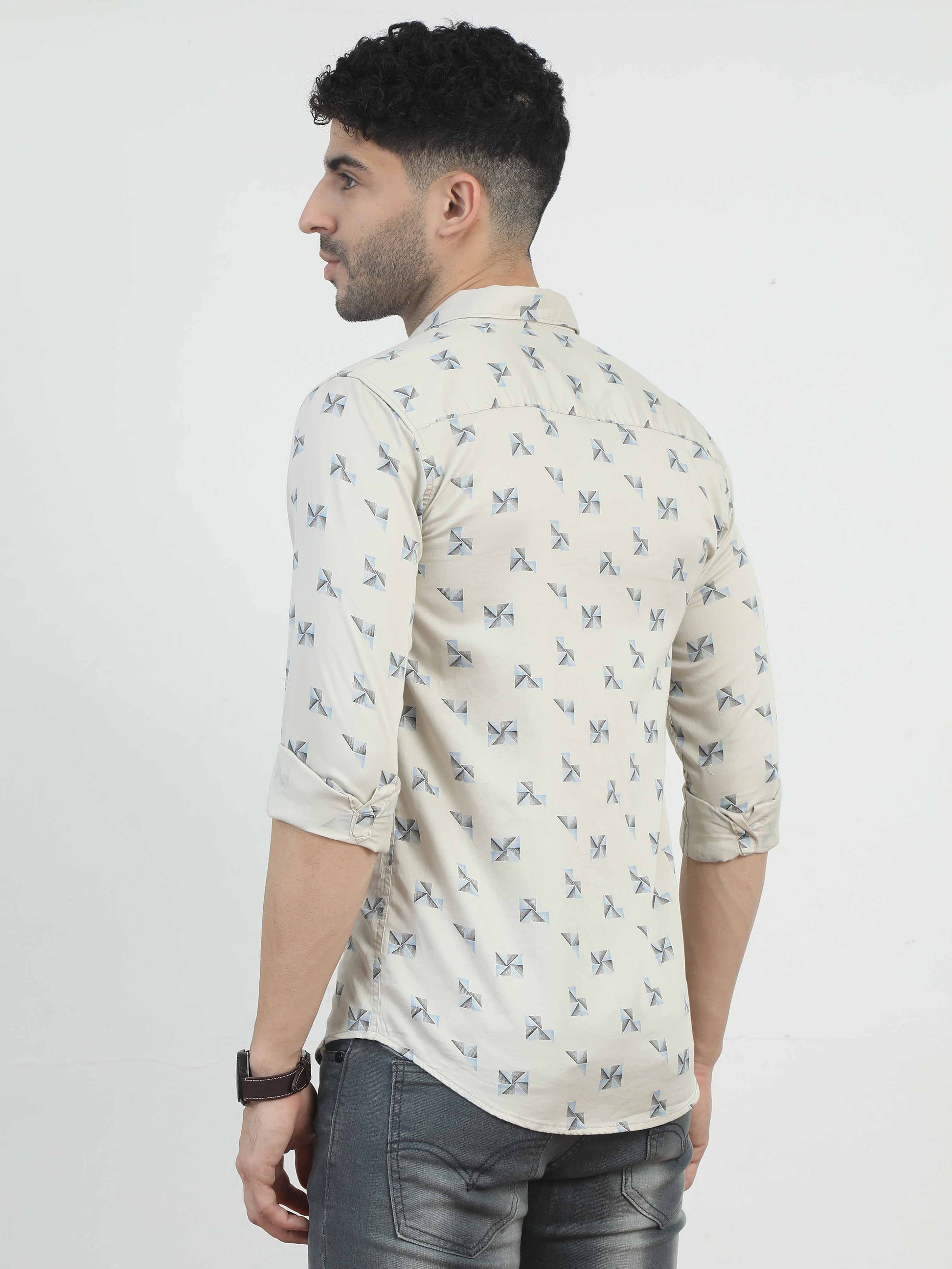 Beige Geometric mens floral shirts long sleeve