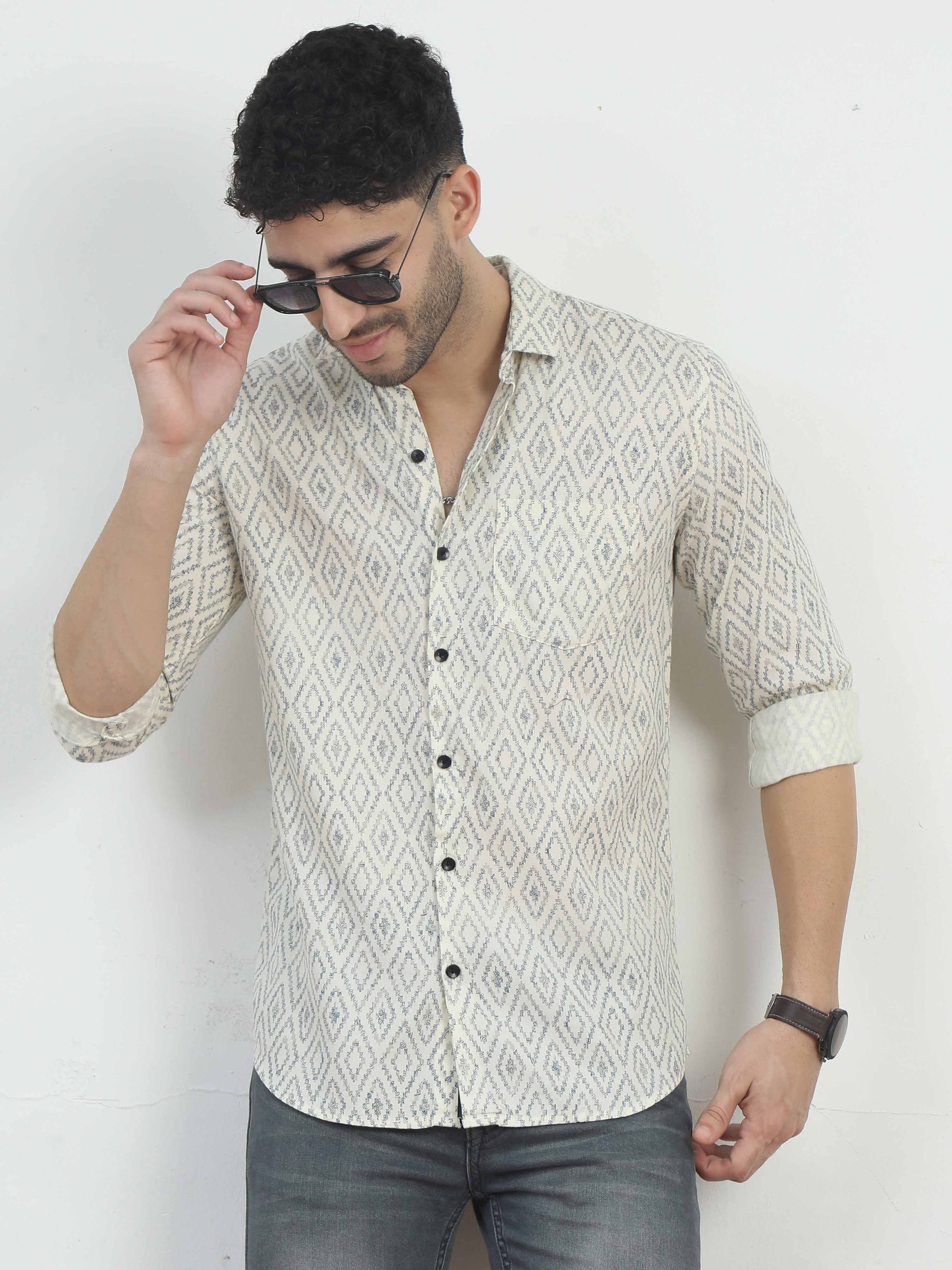 Pale Yellow Diamonds full sleeve printed shirts for men