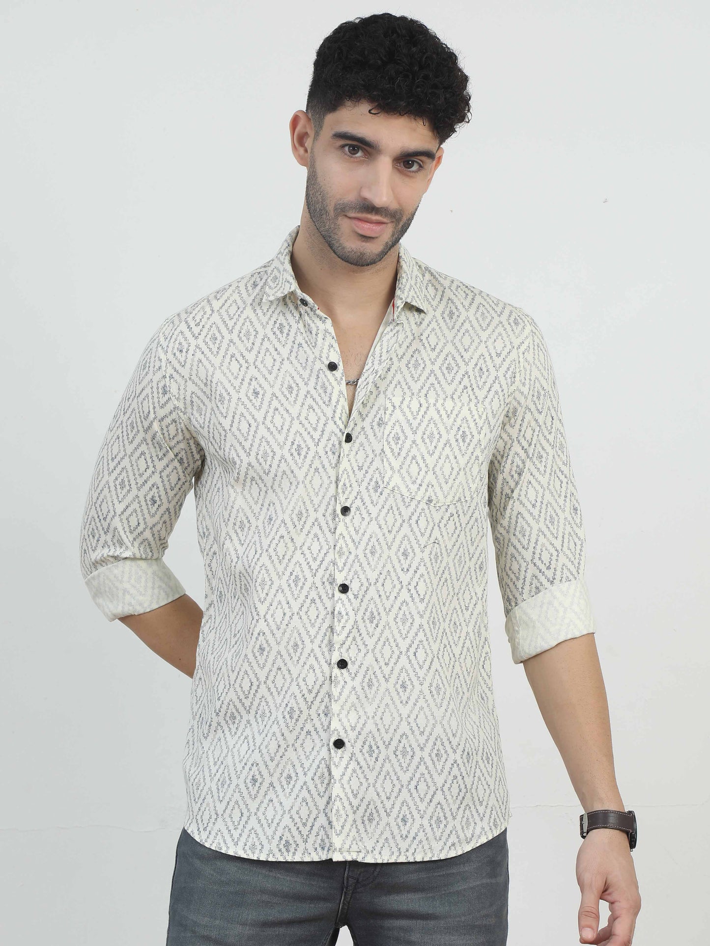 Pale Yellow Diamonds full sleeve printed shirts for men