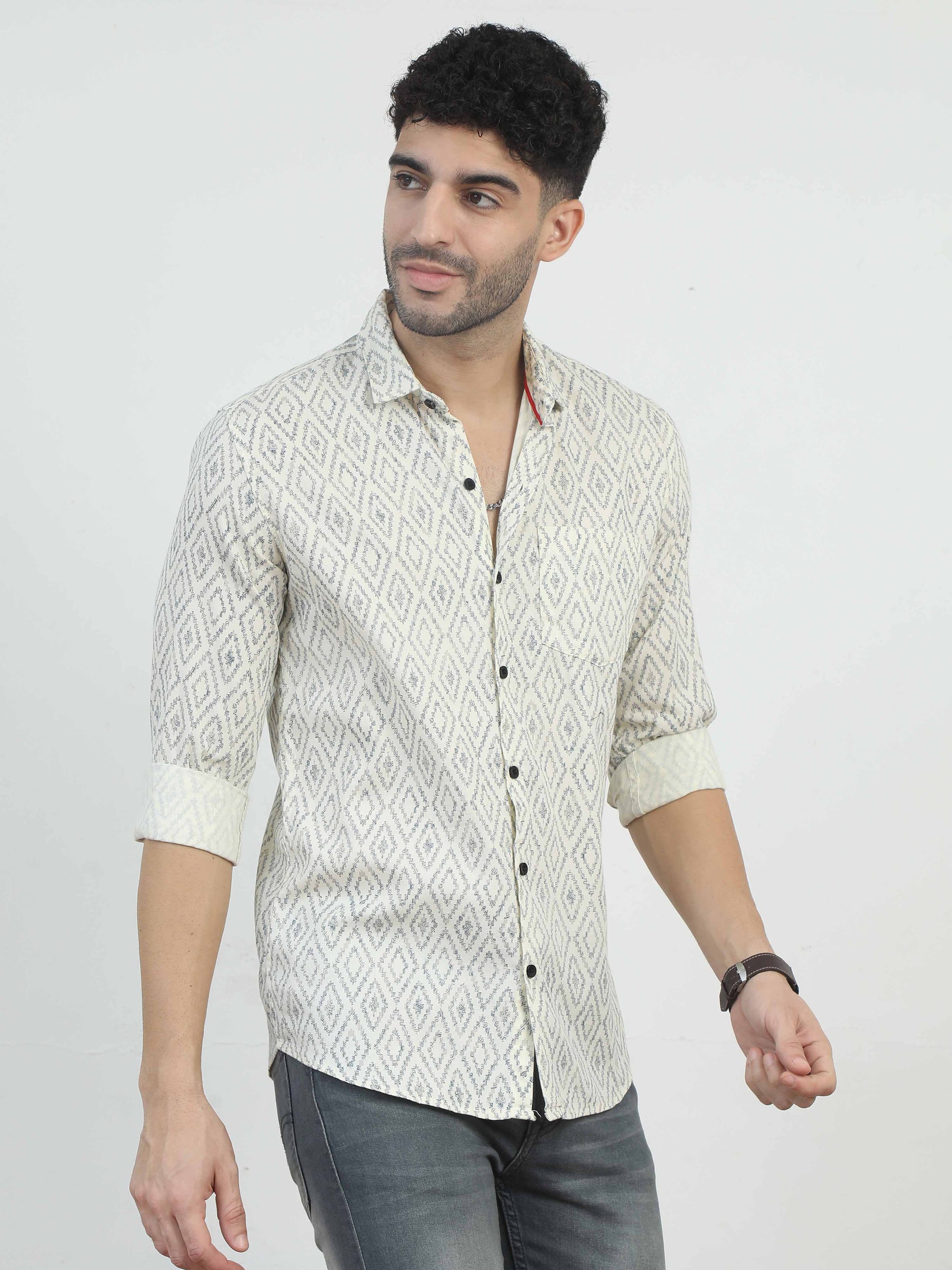 Pale Yellow Diamonds full sleeve printed shirts for men