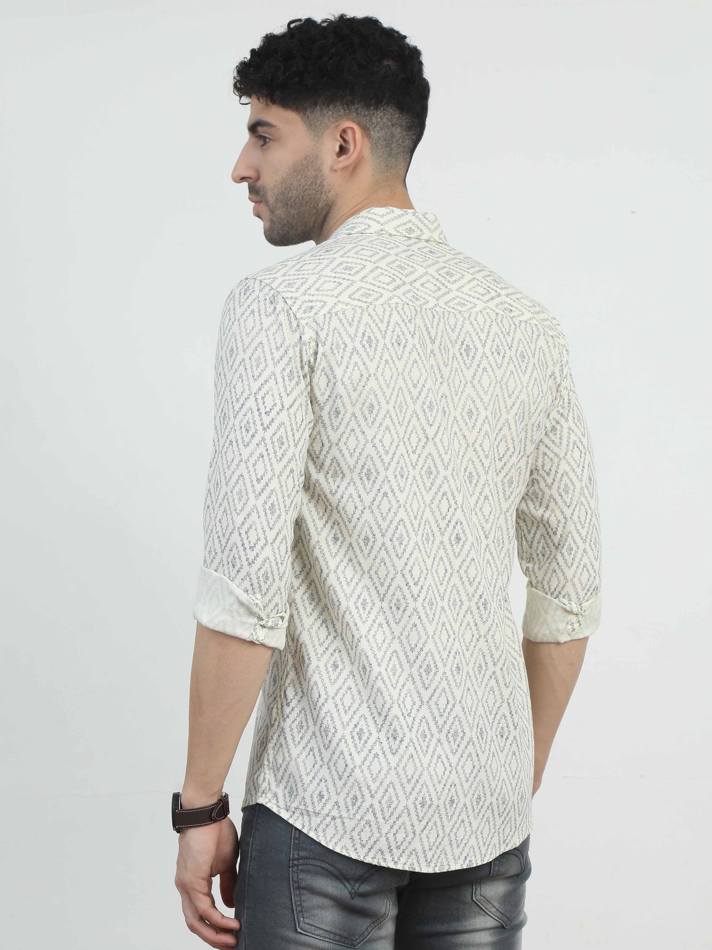 Pale Yellow Diamonds full sleeve printed shirts for men