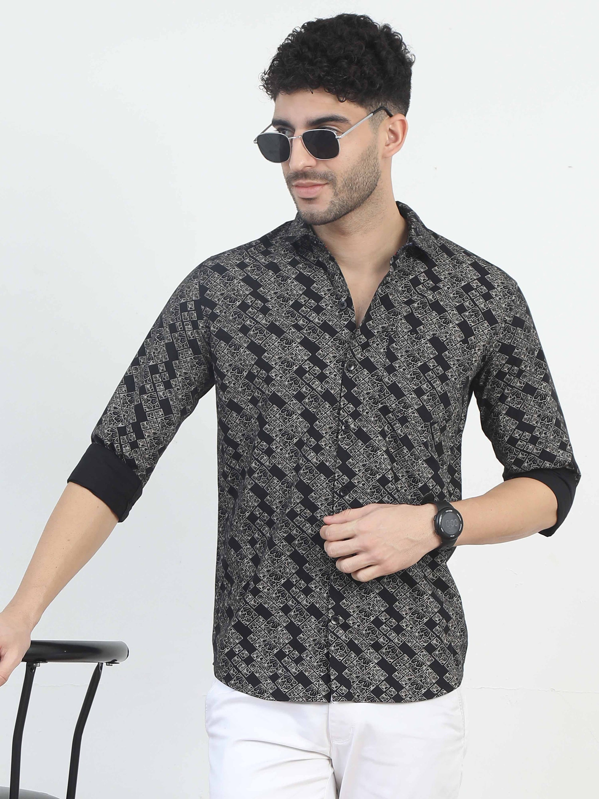 Rectangle black floral printed shirt for men