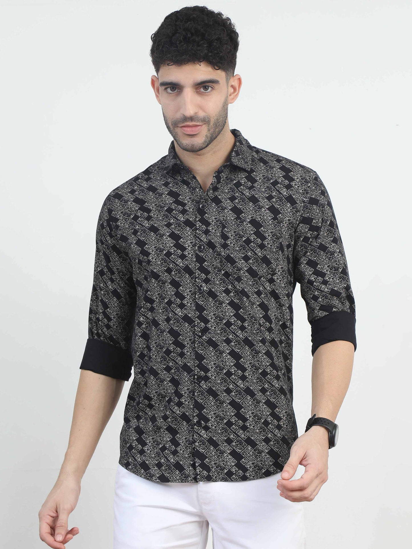 Rectangle black floral printed shirt for men