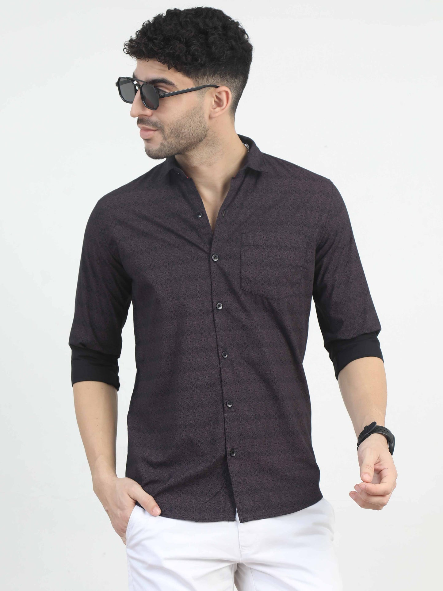 Dark Grey Herringbone Design Printed Shirt for men