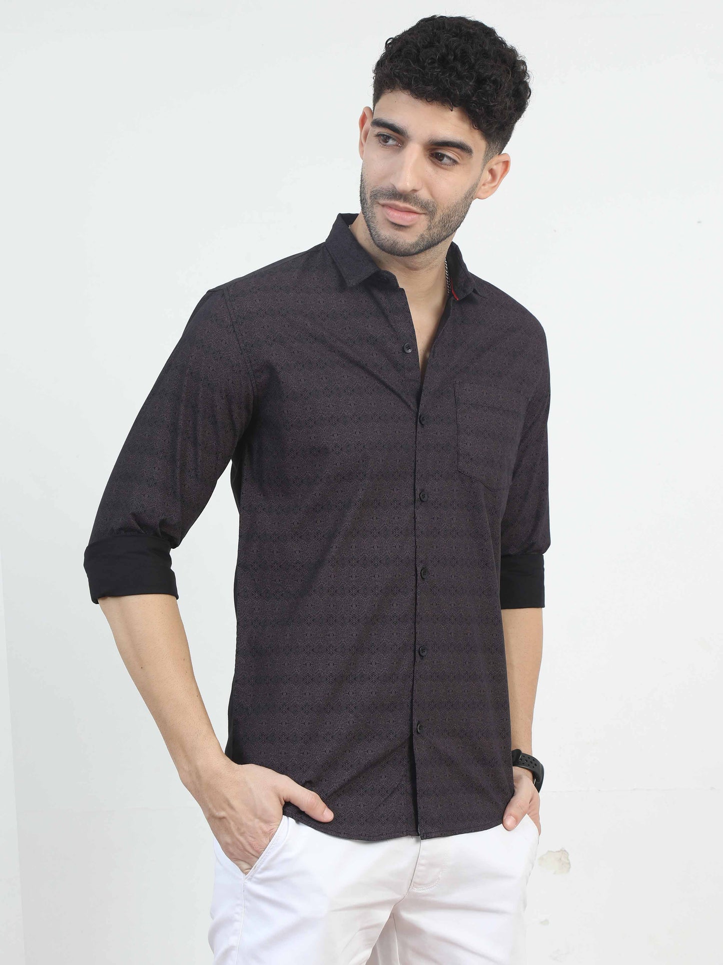 Dark Grey Herringbone Design Printed Shirt for men