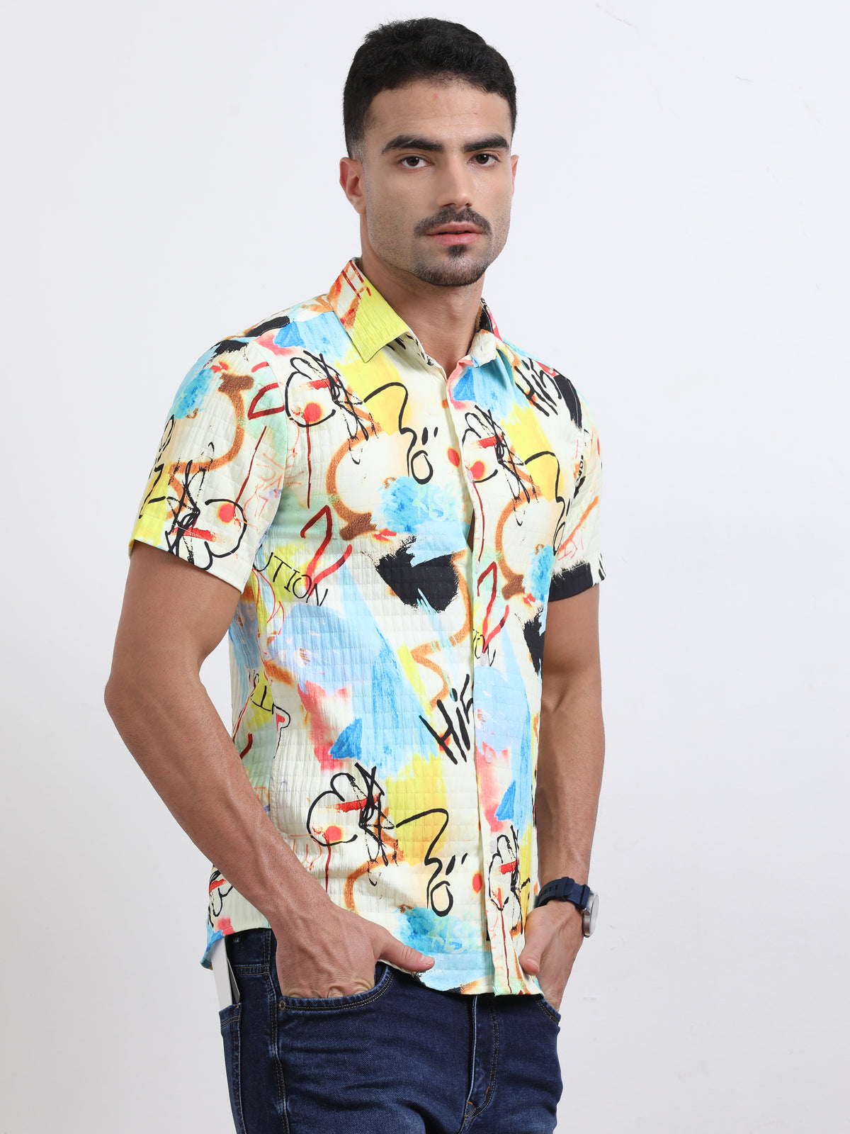 Multi Half Sleeve Poly Cotton Digital Print Shirts