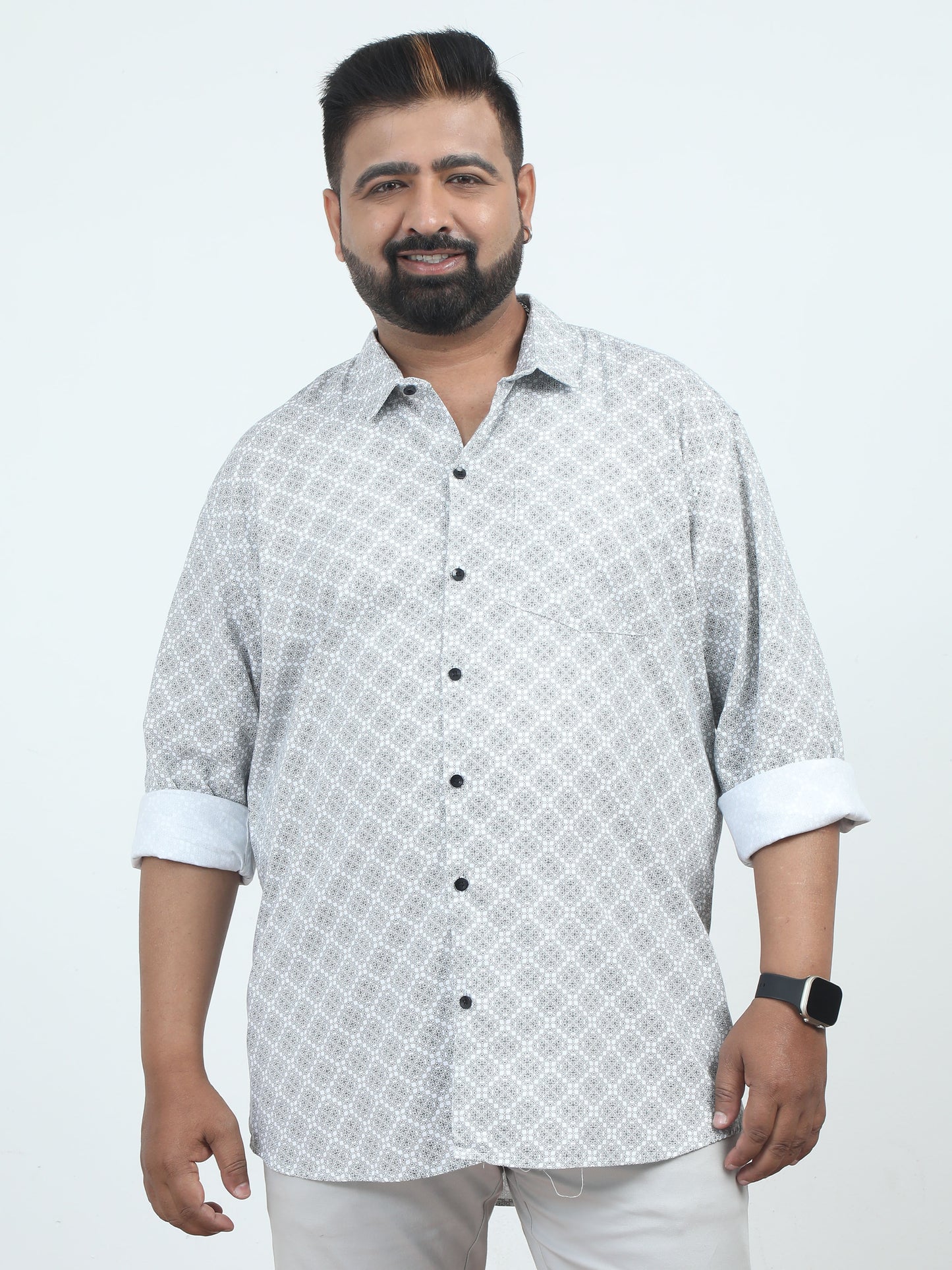 Grey & White Printed Plus Size Shirt