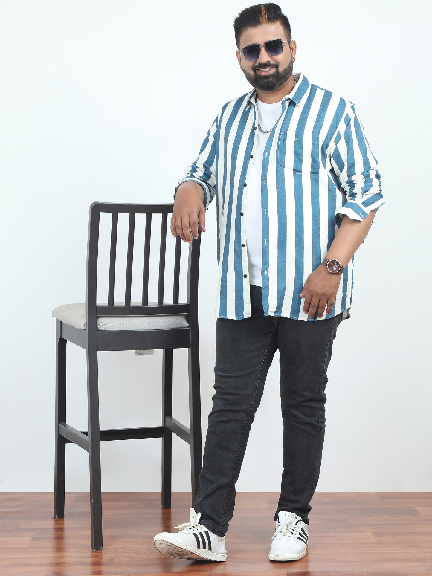 Blue & White Printed Plus Size Shirt