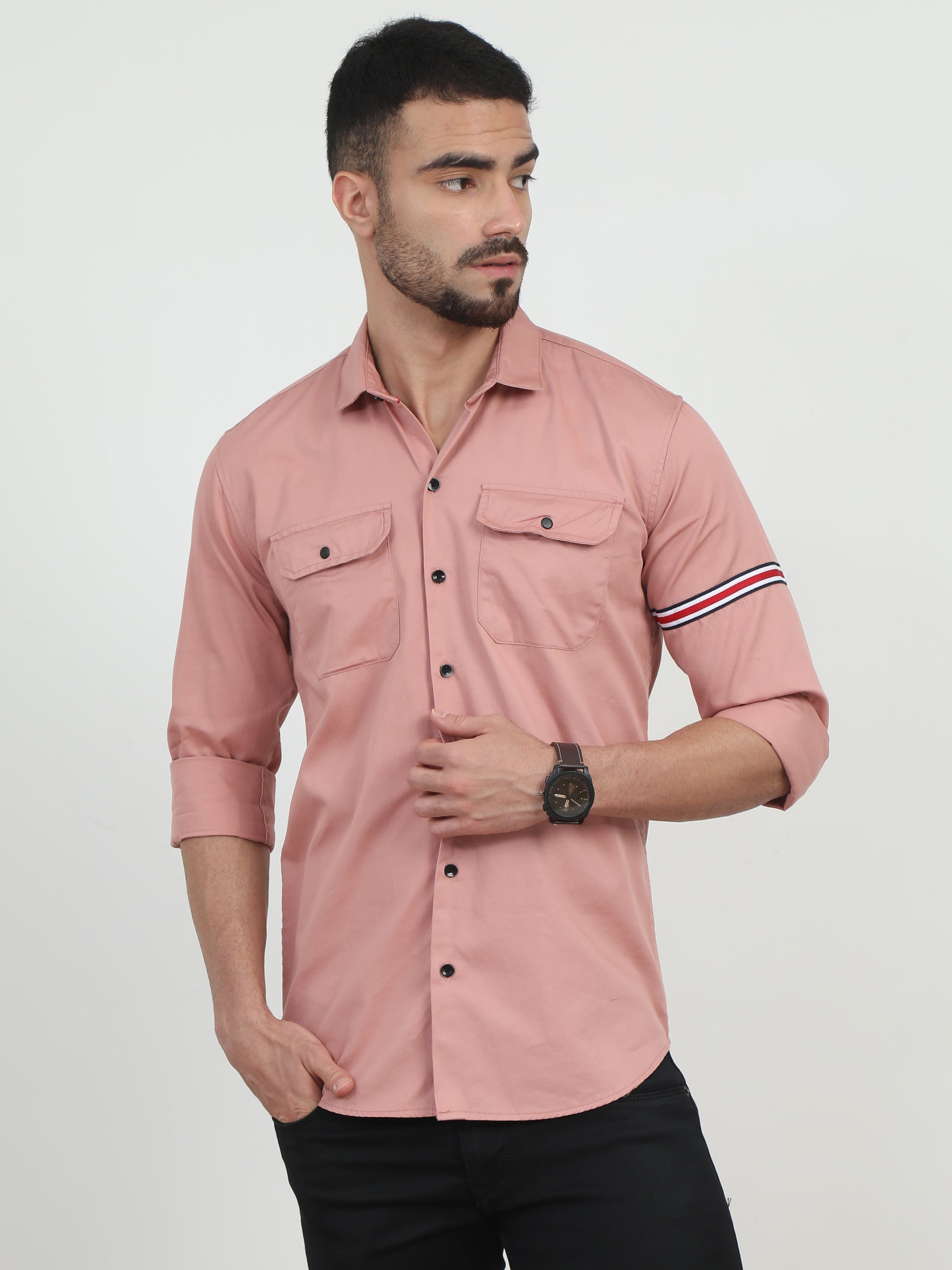  Double Pocket Solid Peach Shirt​ For Men