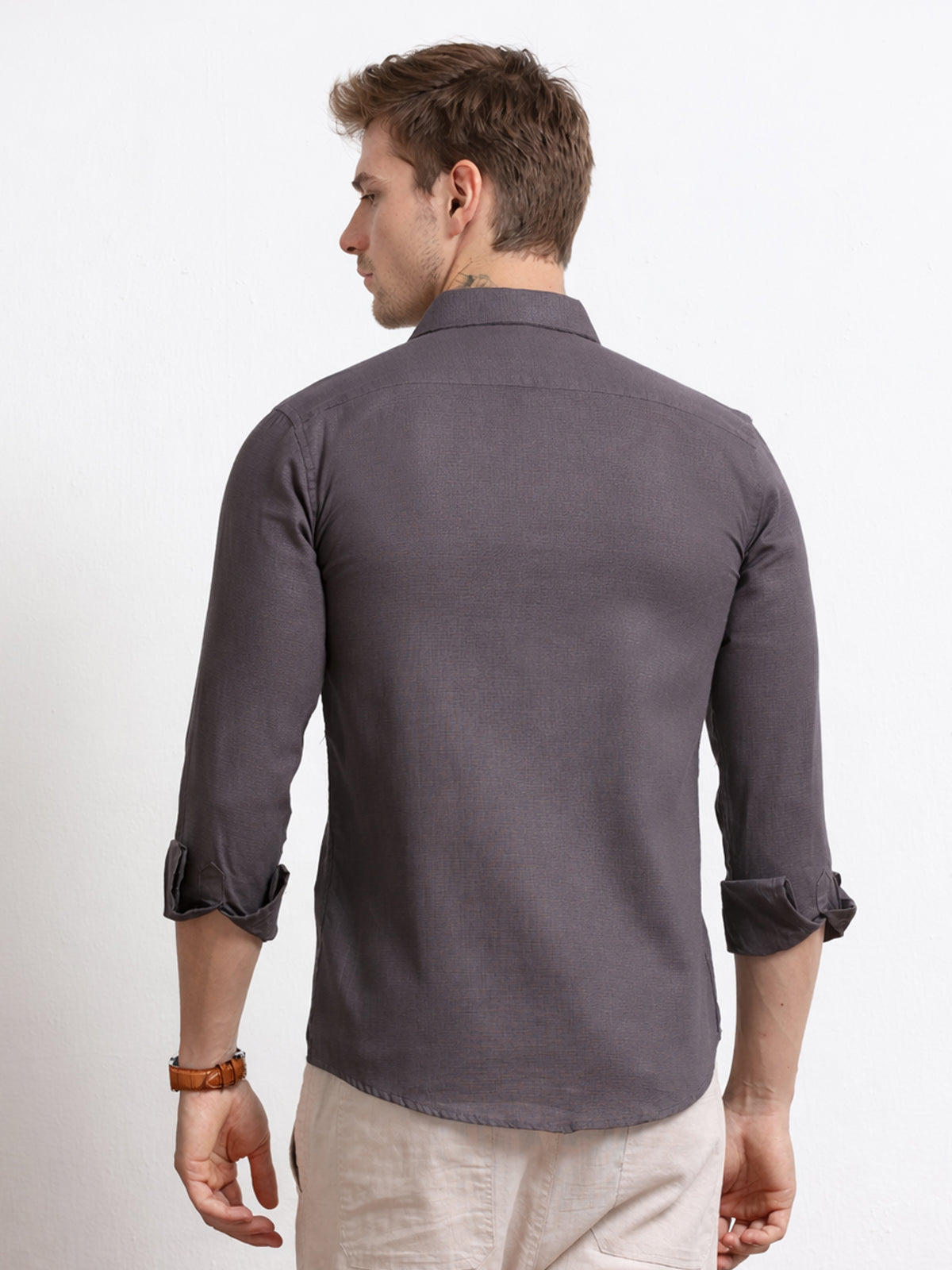 Men's Linen Charcoal Grey Botanical Embroidery