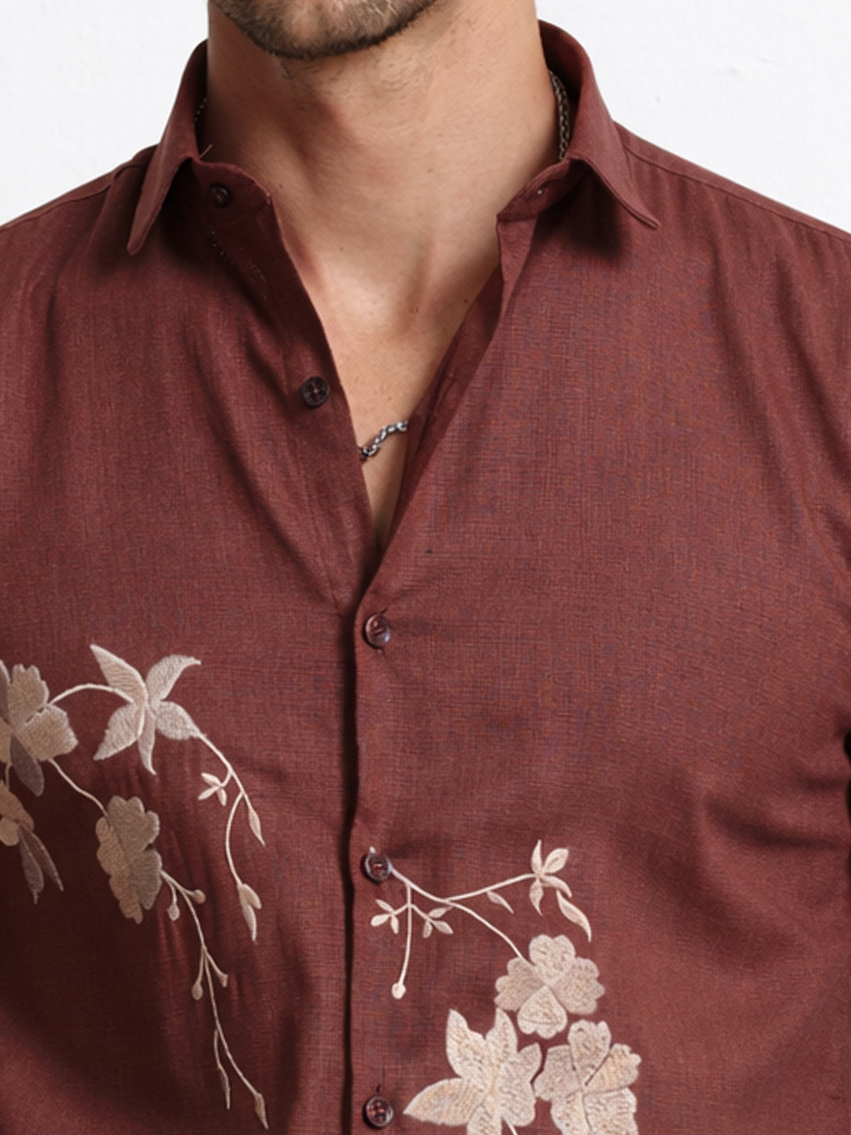 Men's Linen Maroon Floral Embroidery