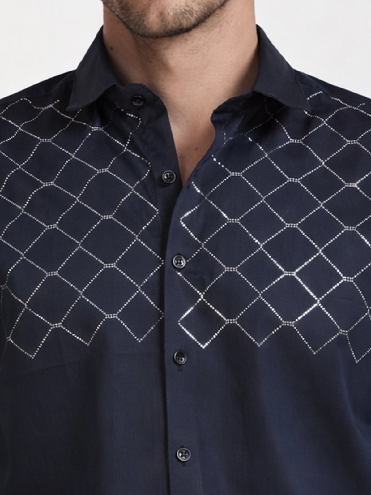 Men's Navy Blue Diamond Grid Stone Work